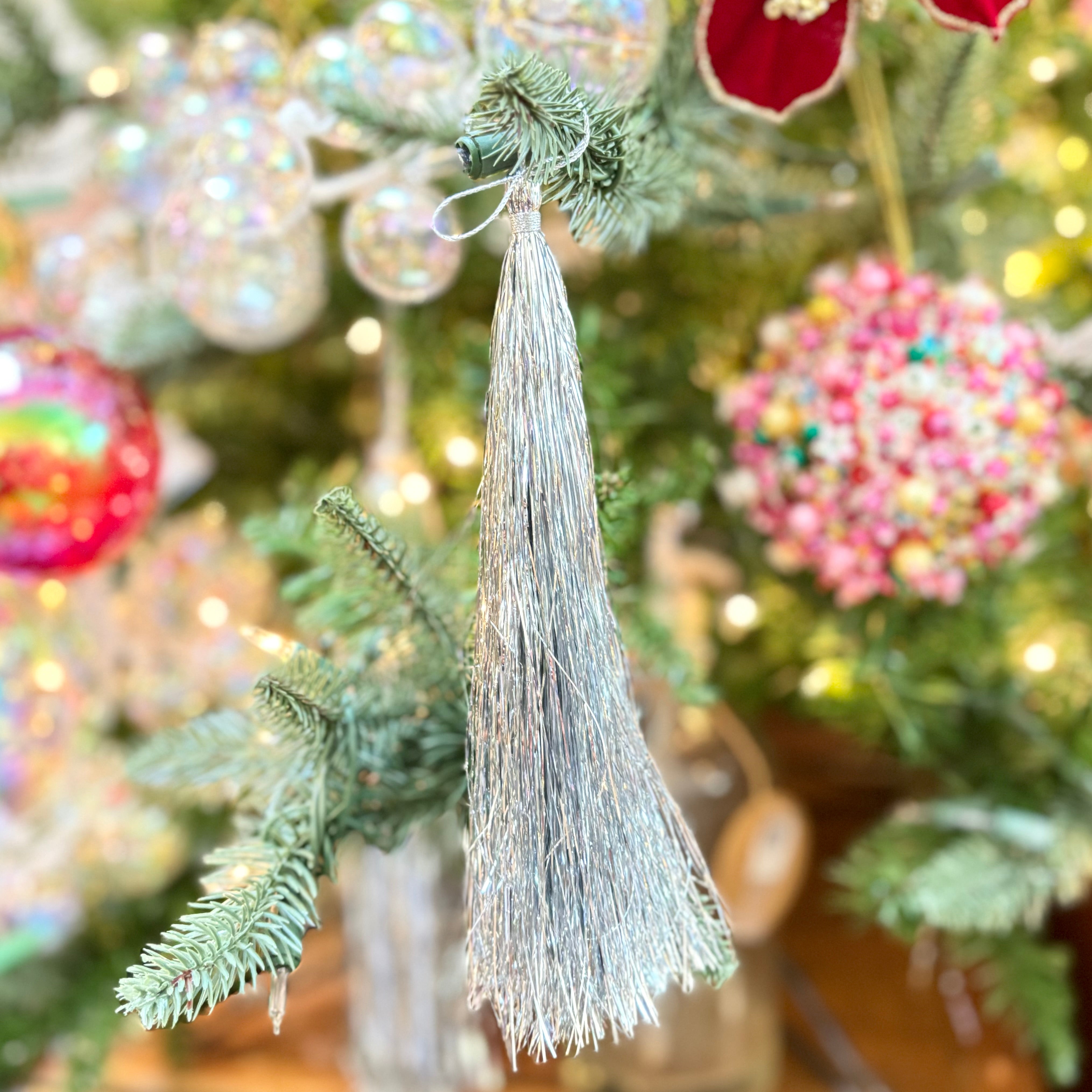 Silver Tinsel Tassel Ornament Short