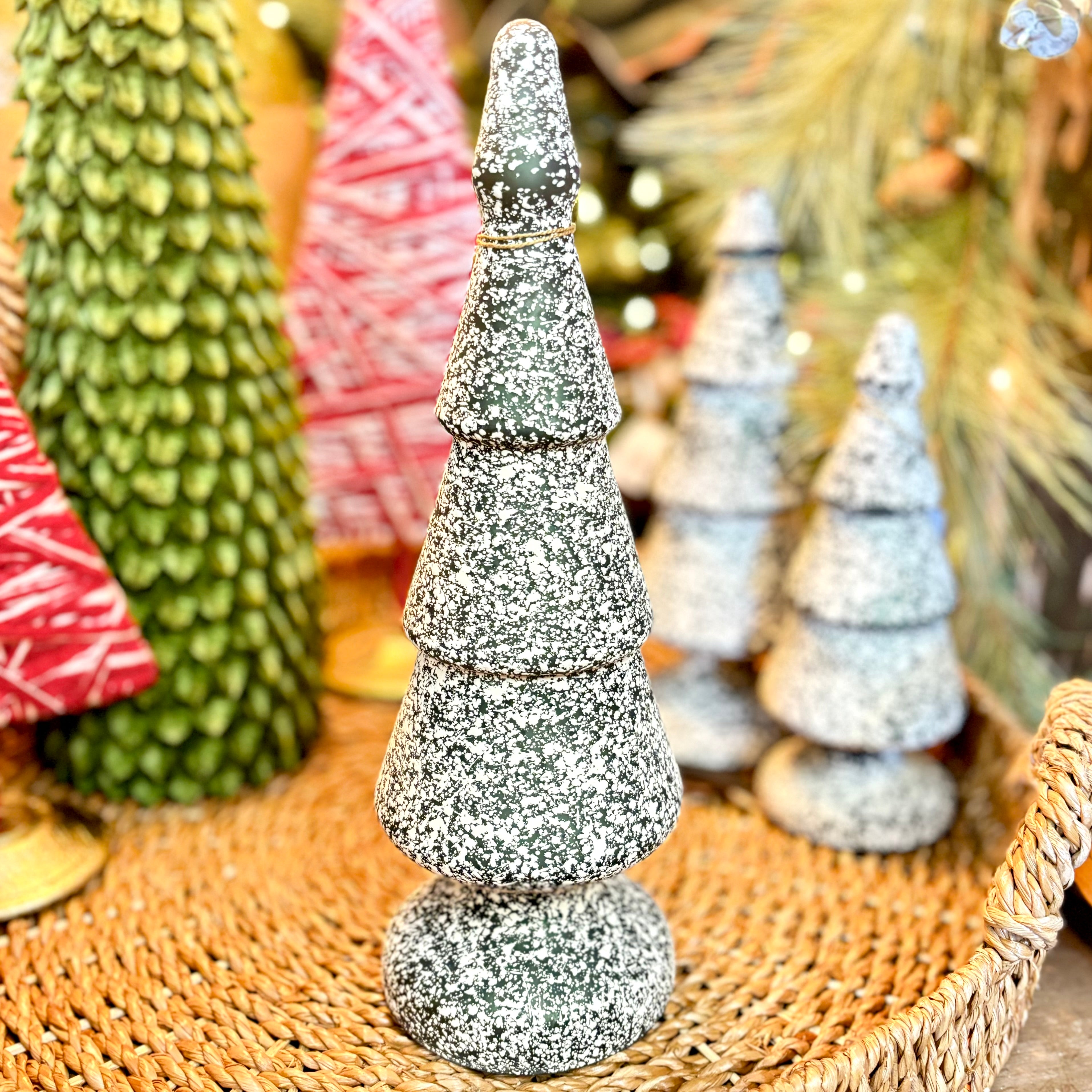 Dark Green and White Speckle Glass Tree Large