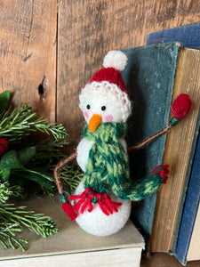Felt Snowman with Cozy Wool Green Knitted Scarf Ornament