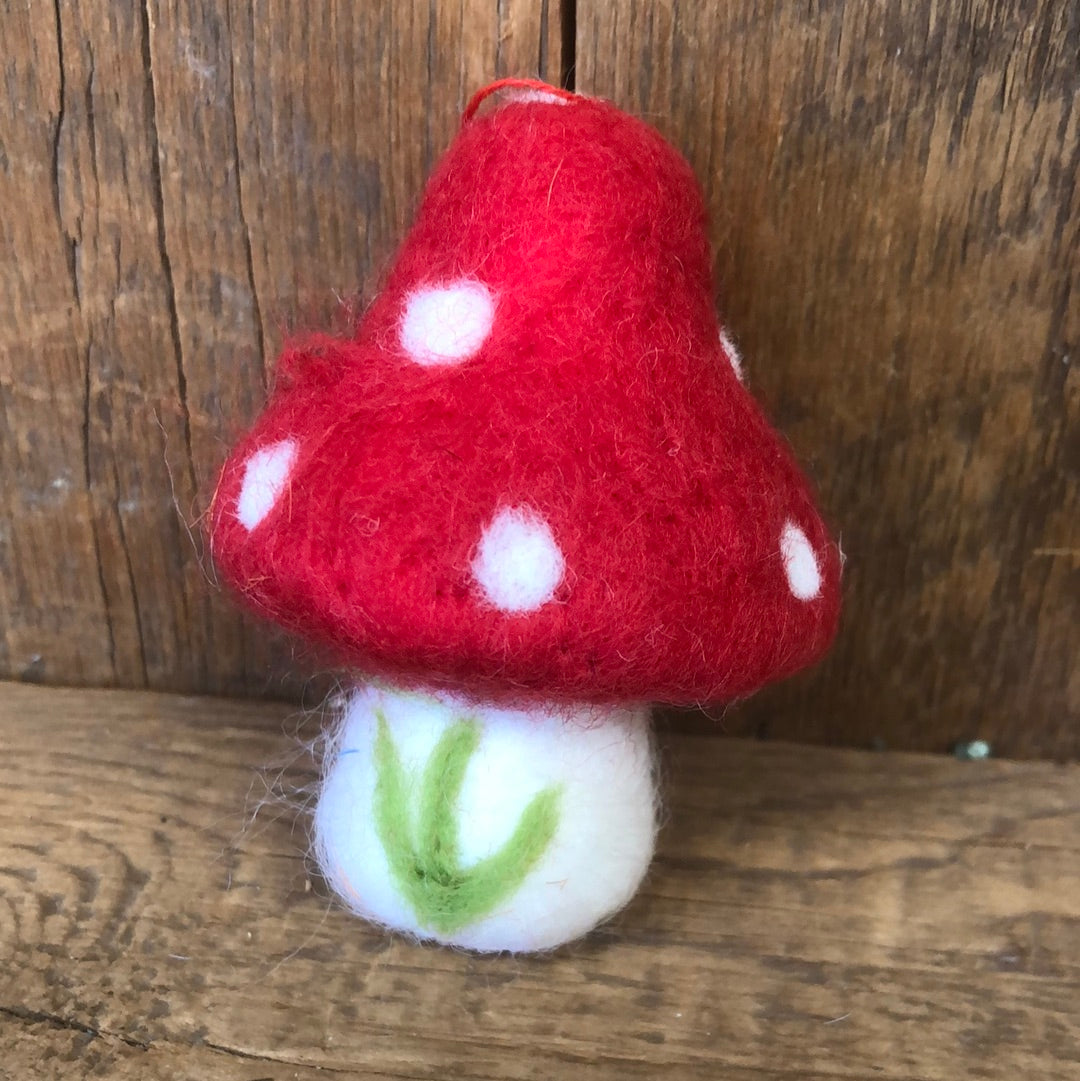 Felt Red and White Mushroom with Green Branch Ornament Small