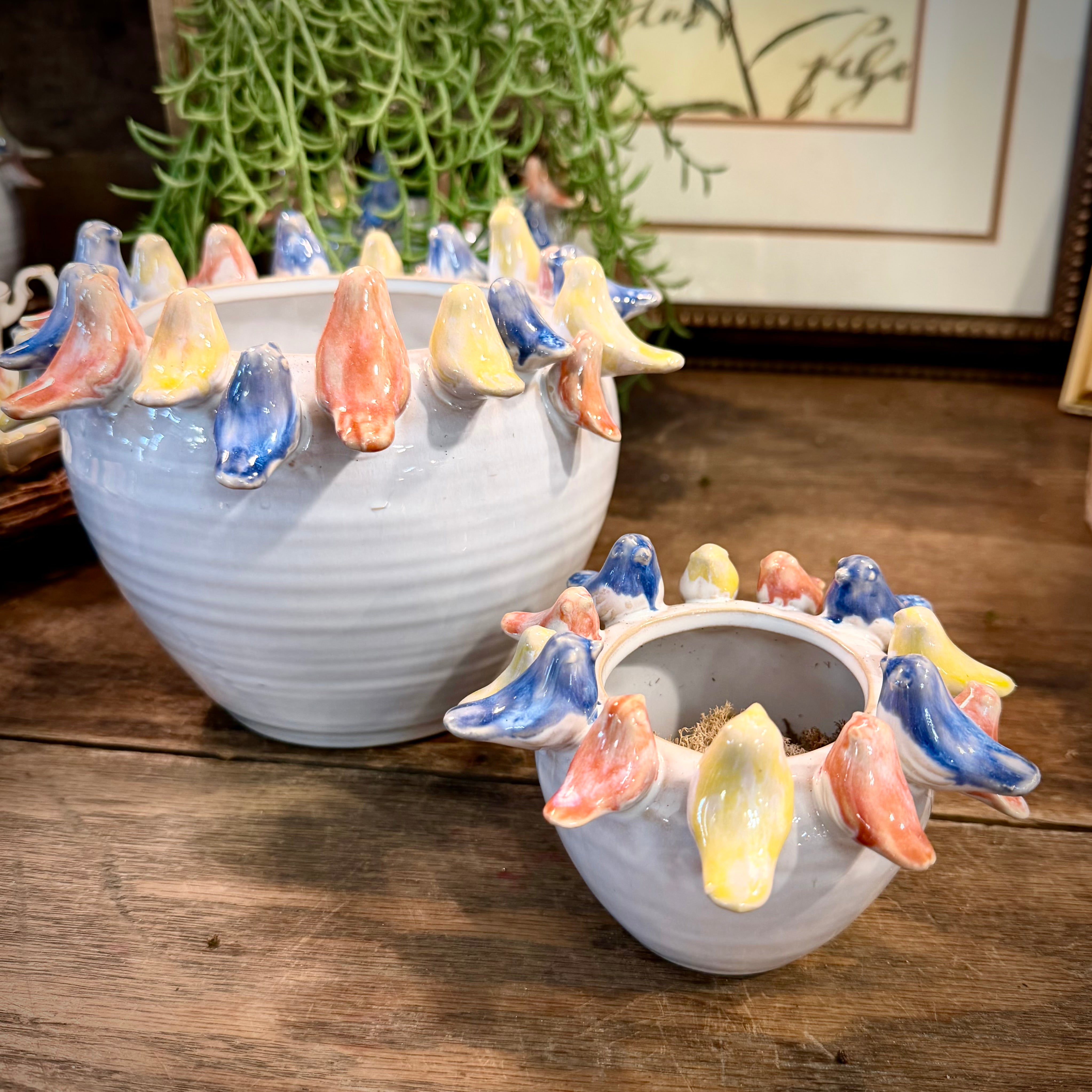 Stoneware Planter with Colorful Birds on Rim Small