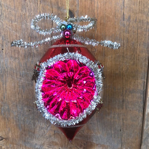 Vintage Tinsel Glass Red Silver Ornament