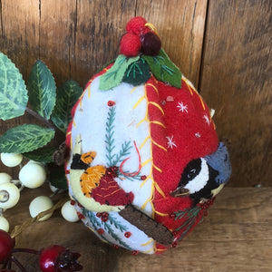 Embroidered Felt Ball with Birds Small Ornament