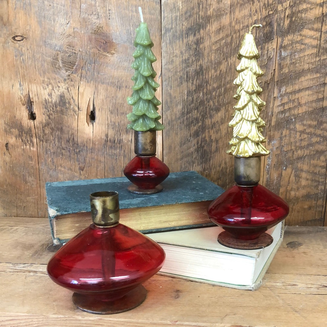 Red Glass and Metal Taper Candle Holder Small