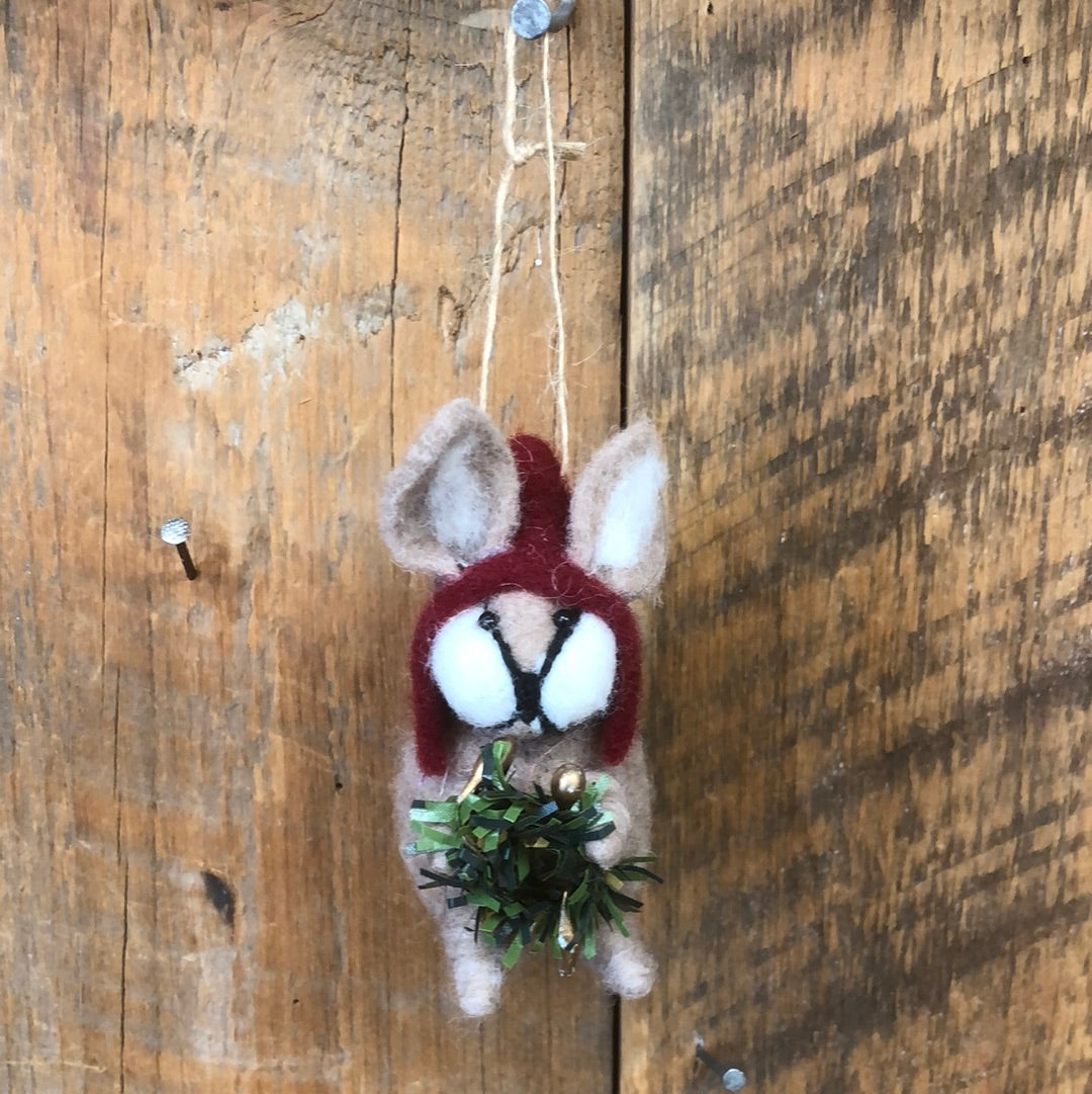 Felt Christmas Bunny with Red Gnome Hat Ornament