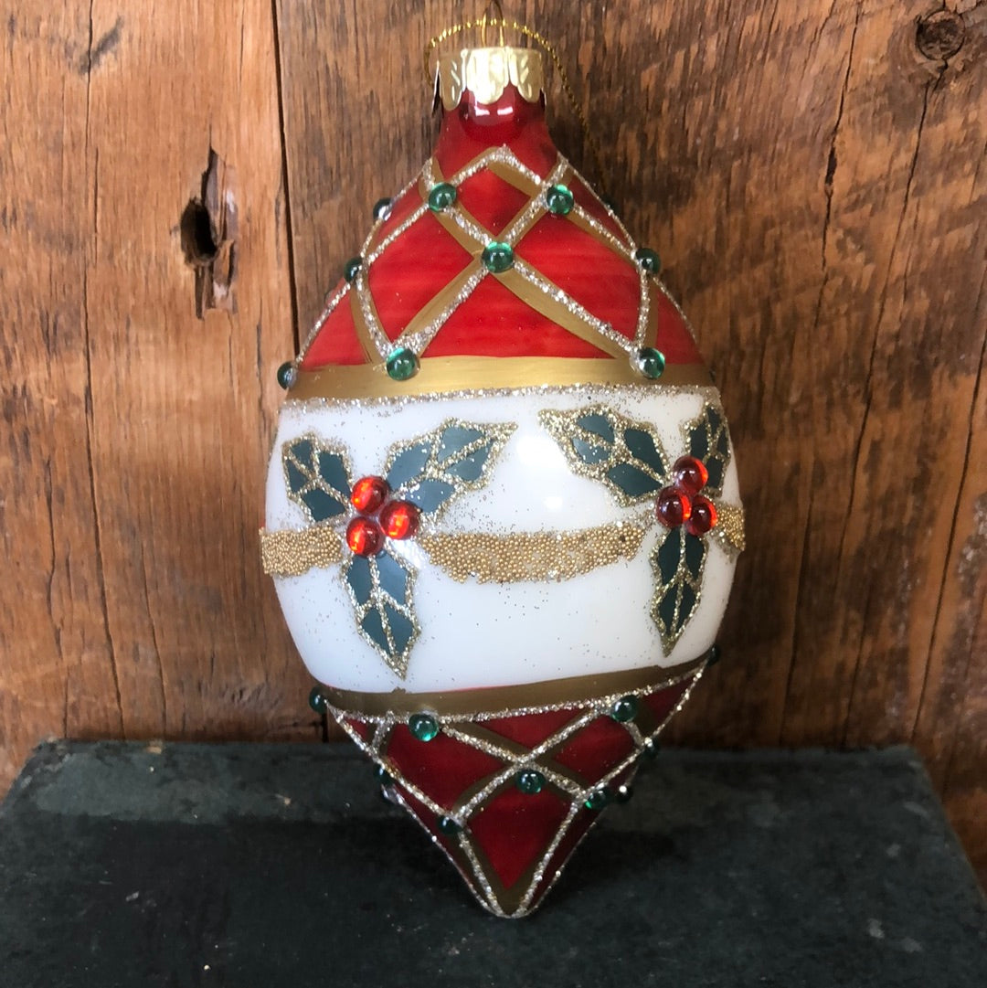 Faberge Glass Holly Teardrop Ornament