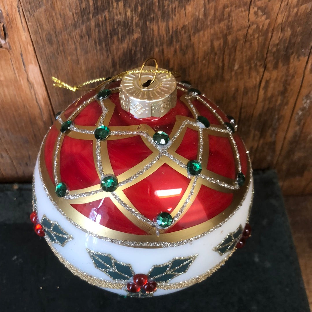 Faberge Glass Holly Ball Ornament
