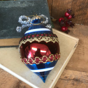 Vintage Tinsel Glass Blue Red Ornament