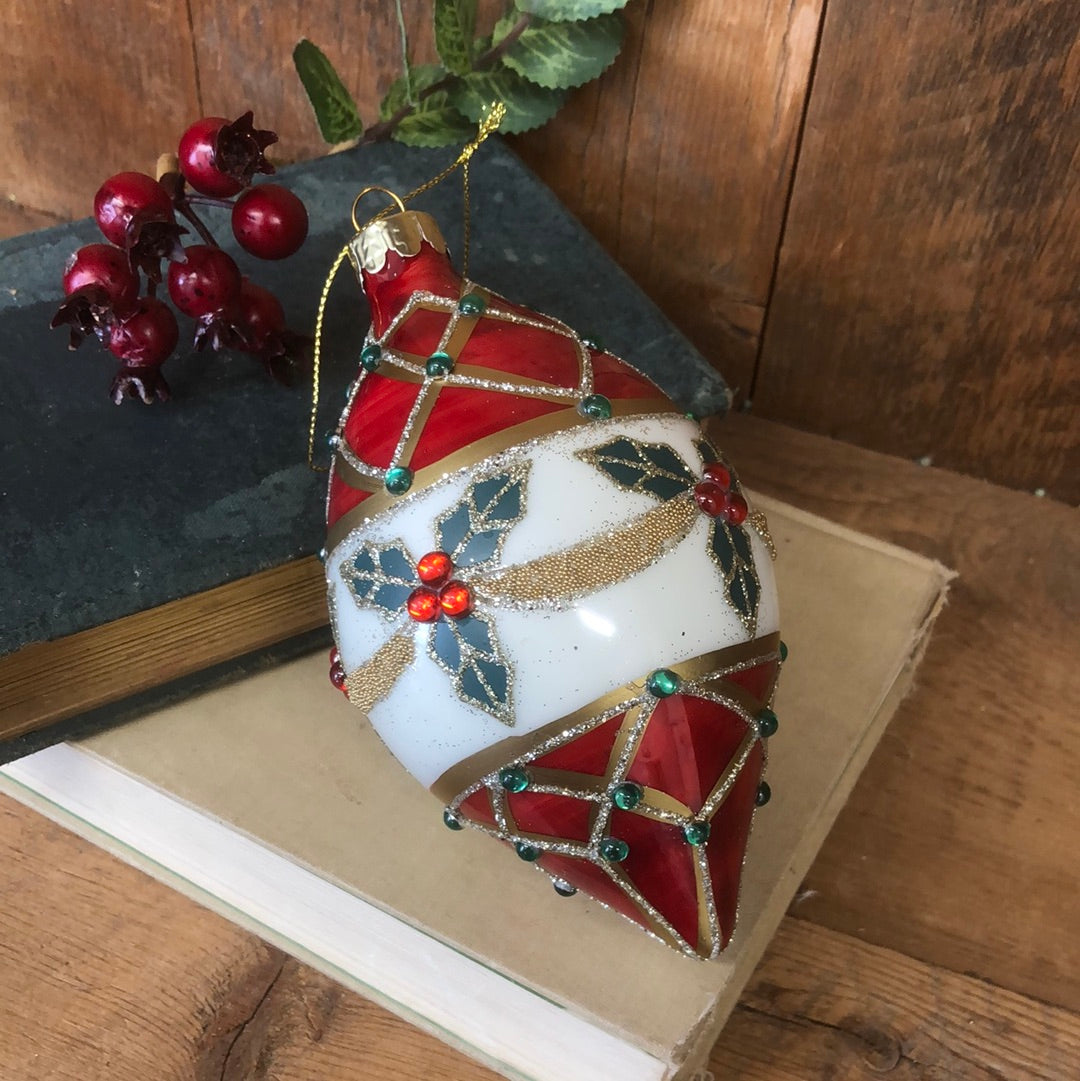 Faberge Glass Holly Teardrop Ornament