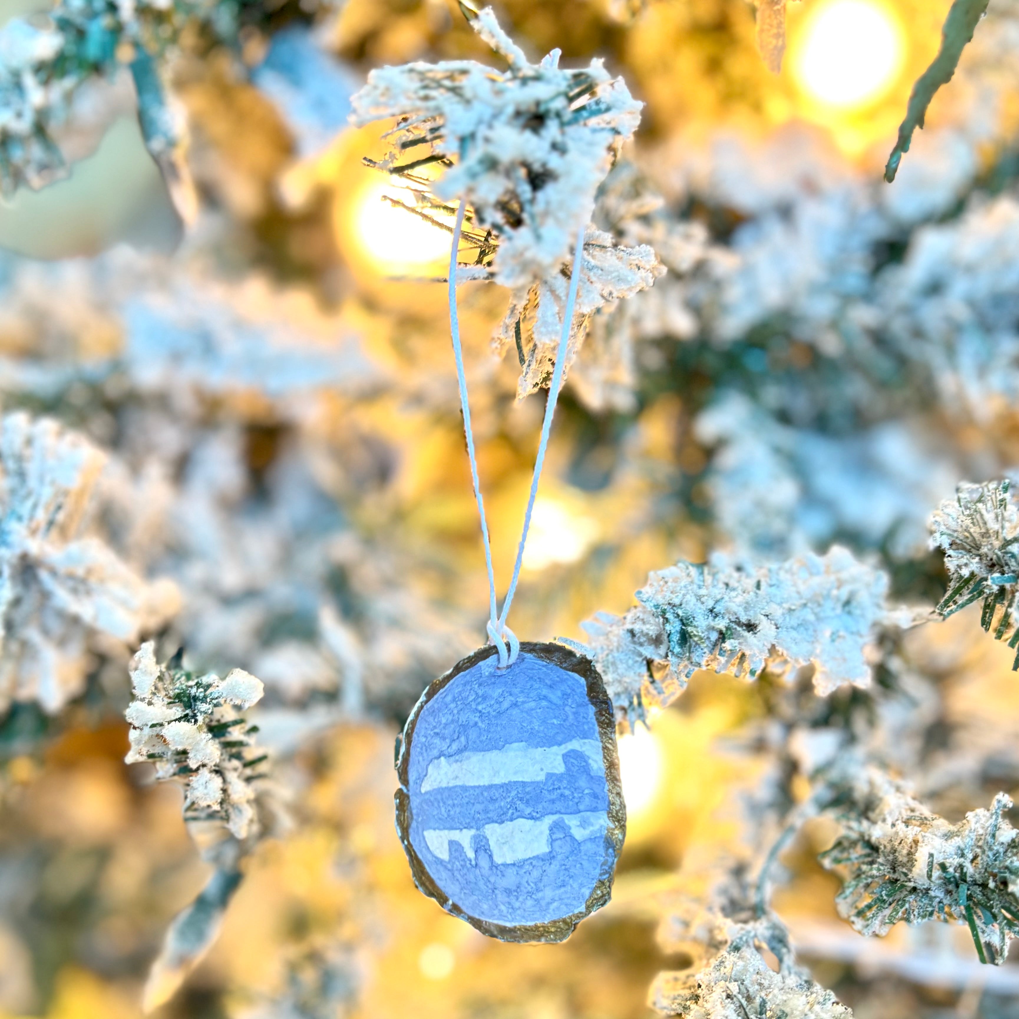 Paper Mache Oyster Shell Blue and White Ornament Small