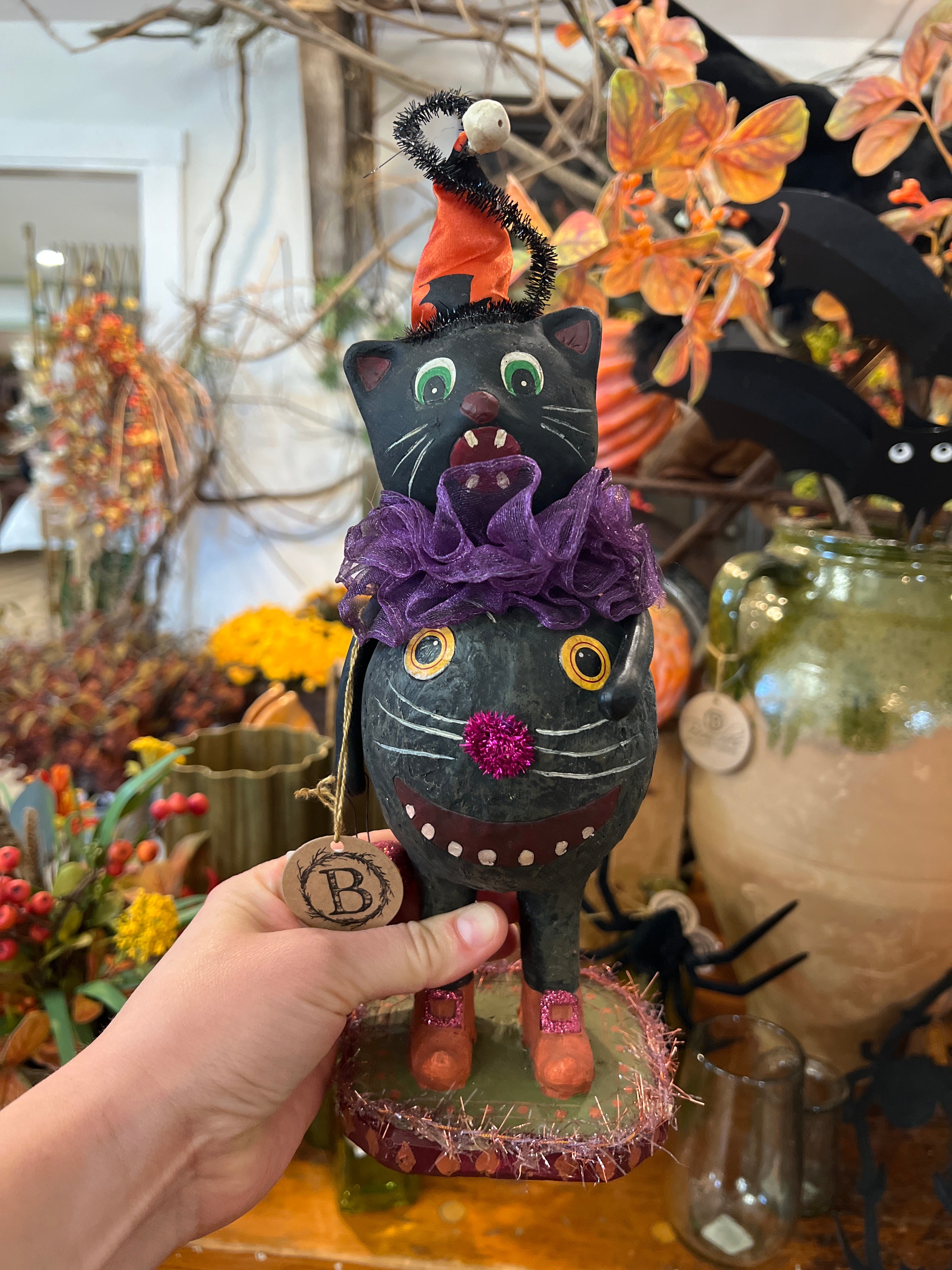 Folk Art Festive Halloween Cat Statue