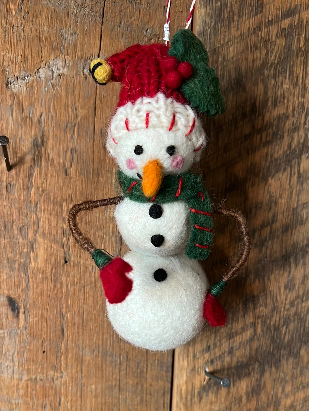 Felt Snowman with Scarf & Holly Hat Ornament