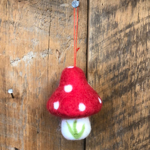 Felt Red and White Mushroom with Green Branch Ornament Small