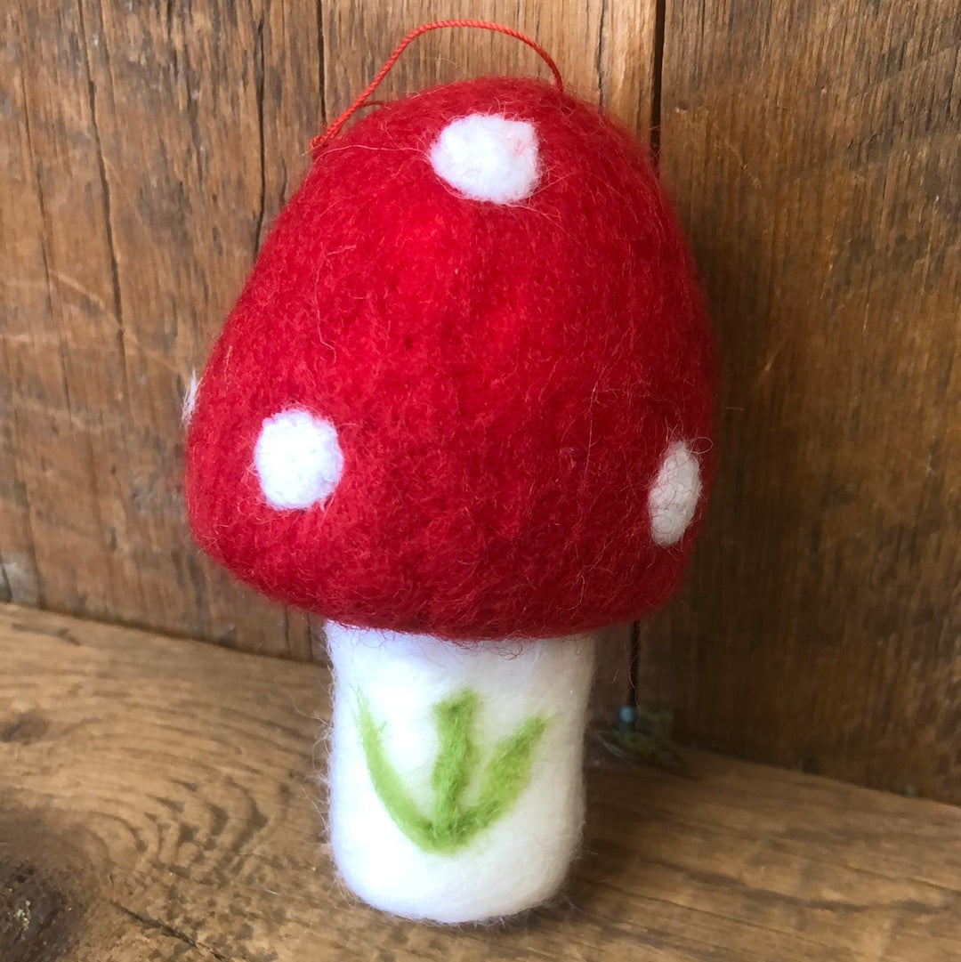 Felt Red and White Mushroom with Green Branch Ornament Large
