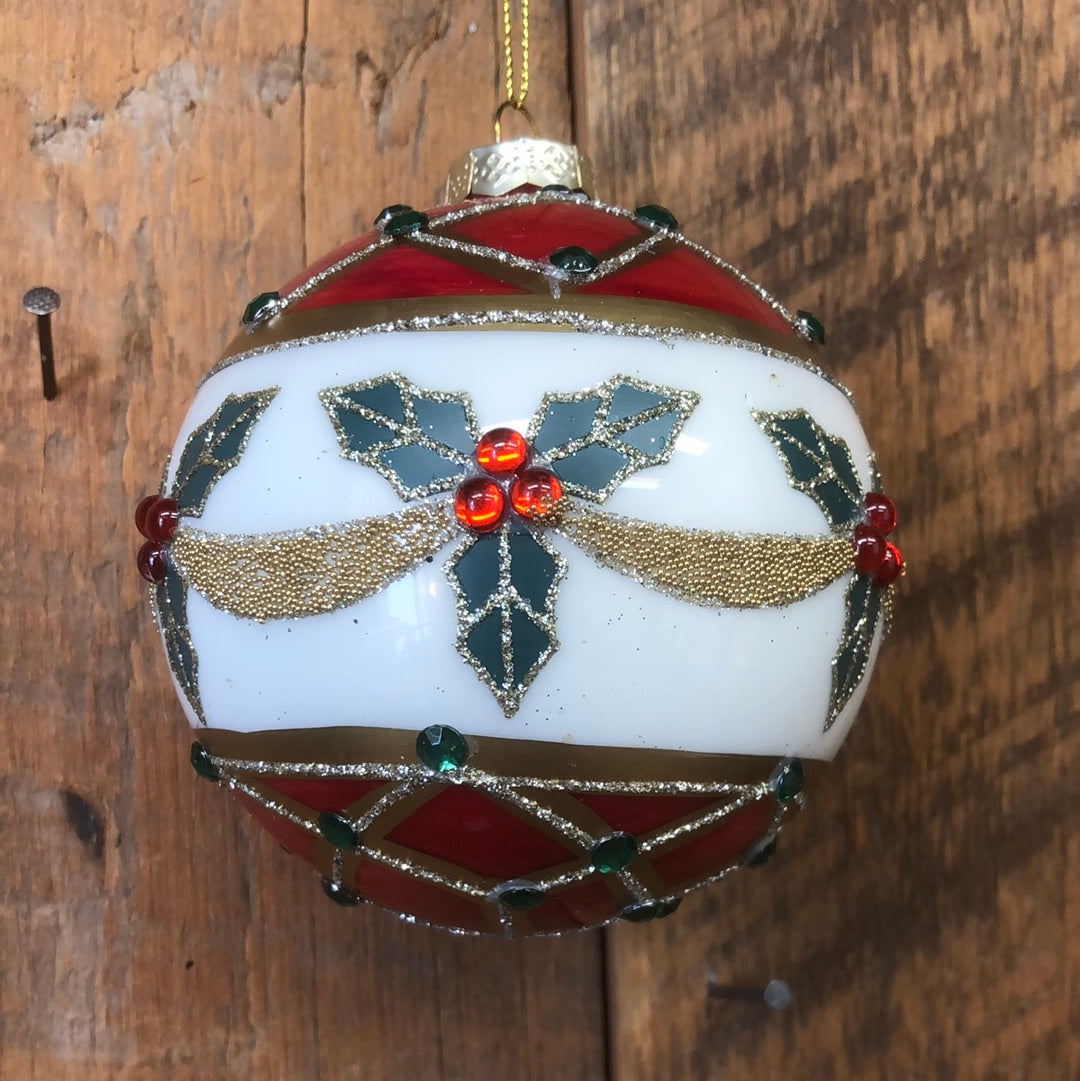 Faberge Glass Holly Ball Ornament
