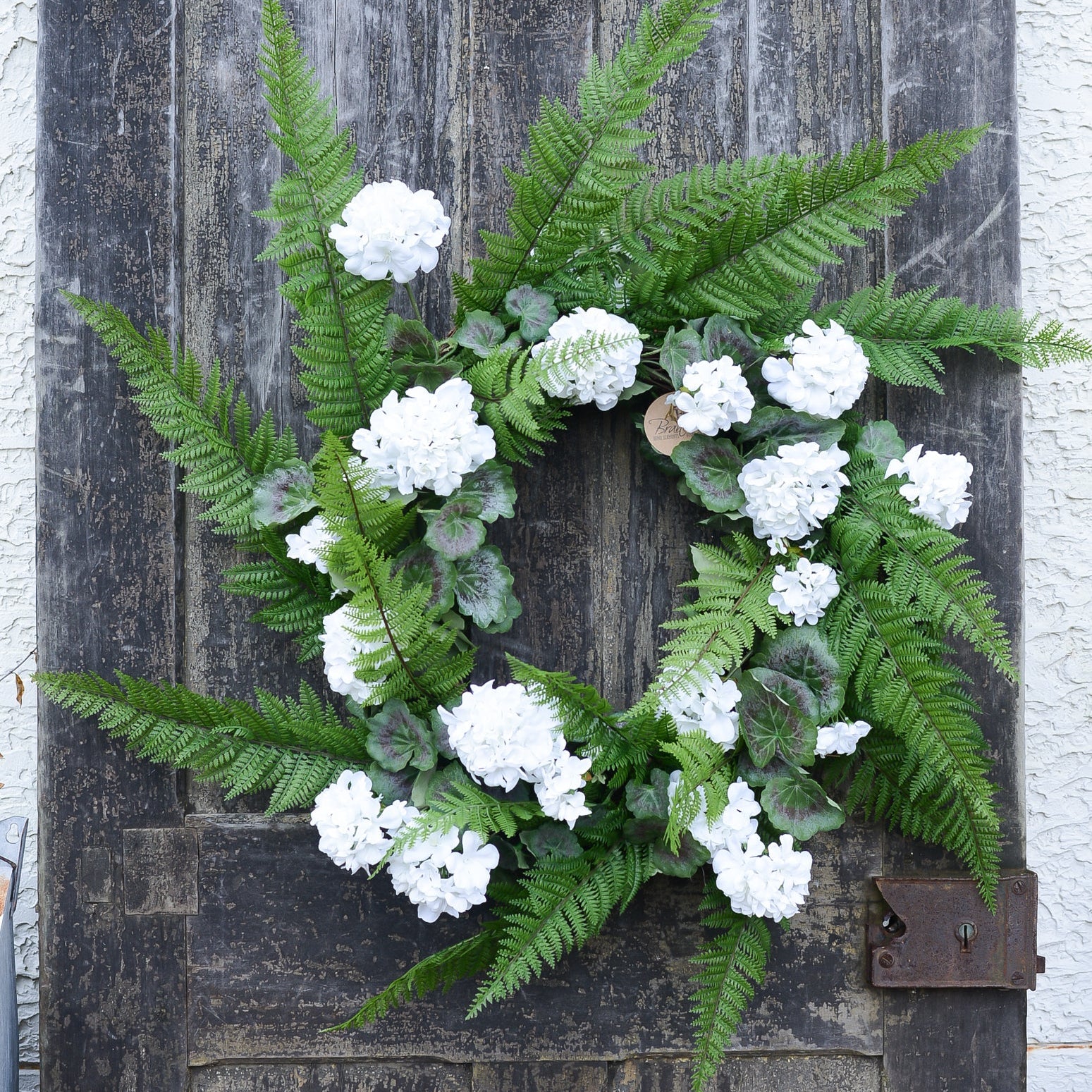 White Geranium and Fern Wreath