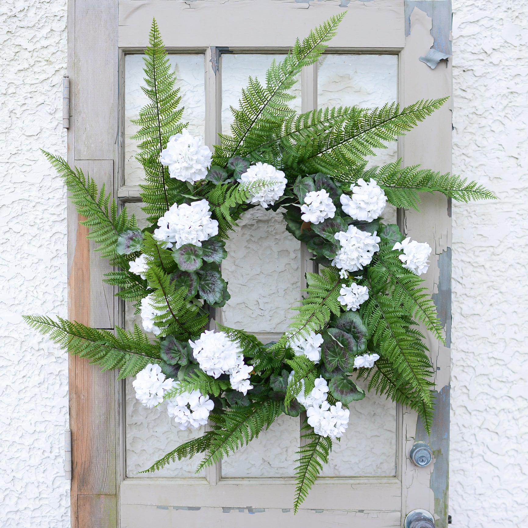White Geranium and Fern Wreath