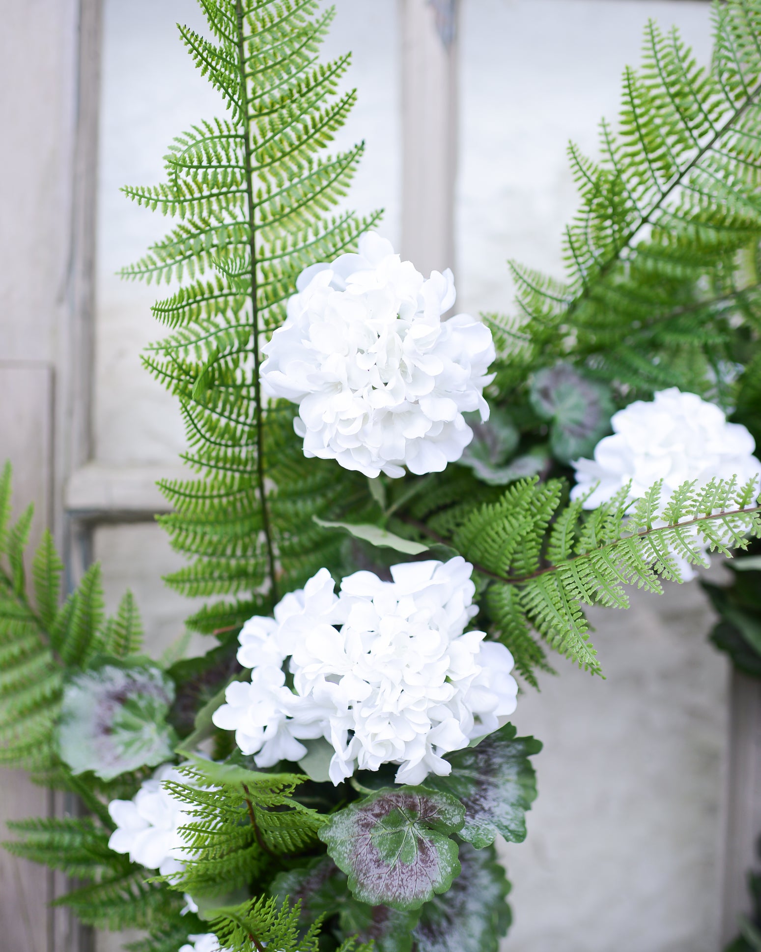 White Geranium and Fern Wreath