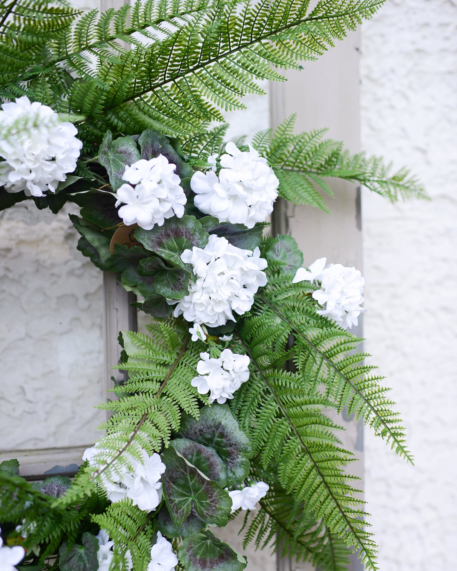 White Geranium and Fern Wreath