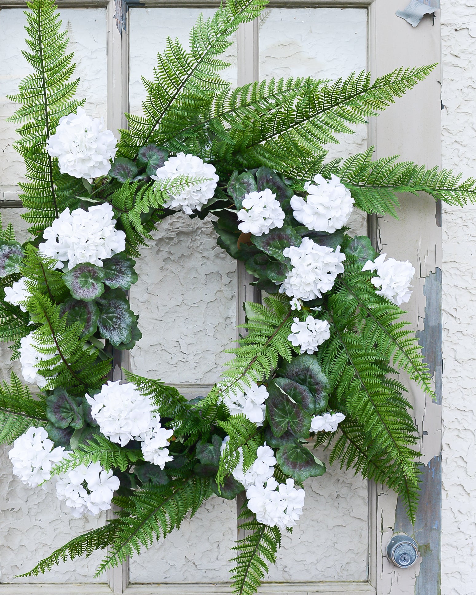White Geranium and Fern Wreath