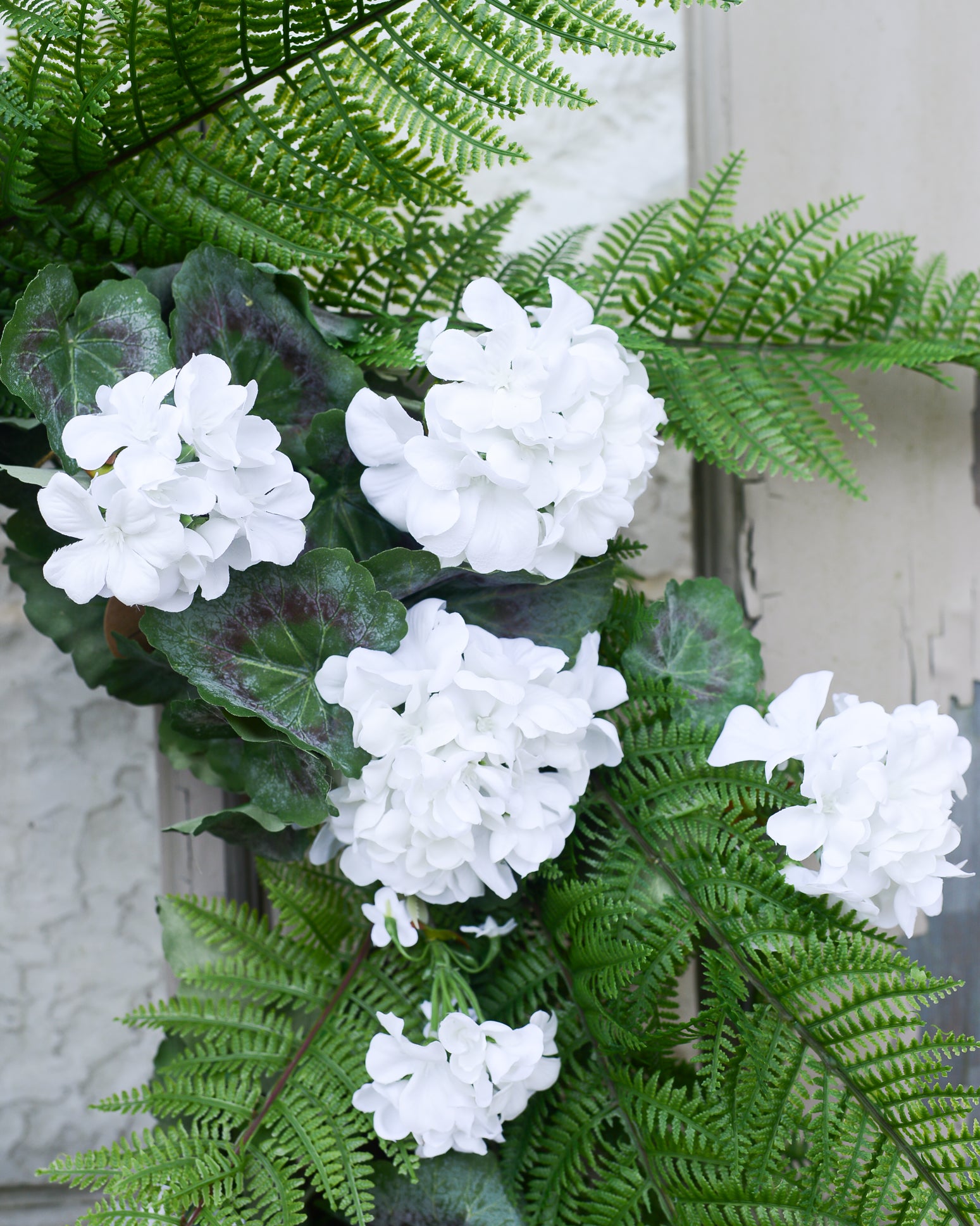 White Geranium and Fern Wreath
