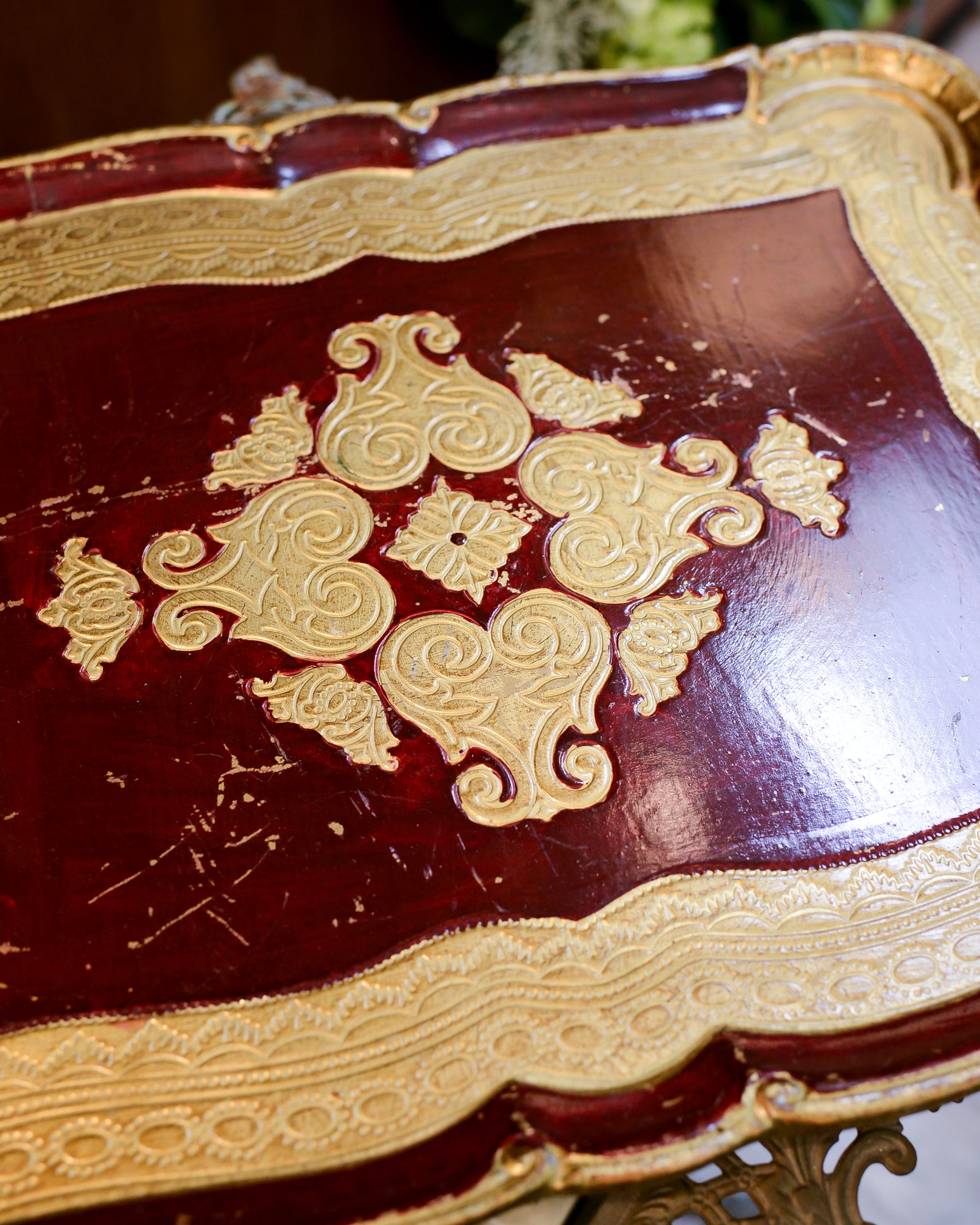 Vintage Italian Florentine Merlot and Gold Large Tray