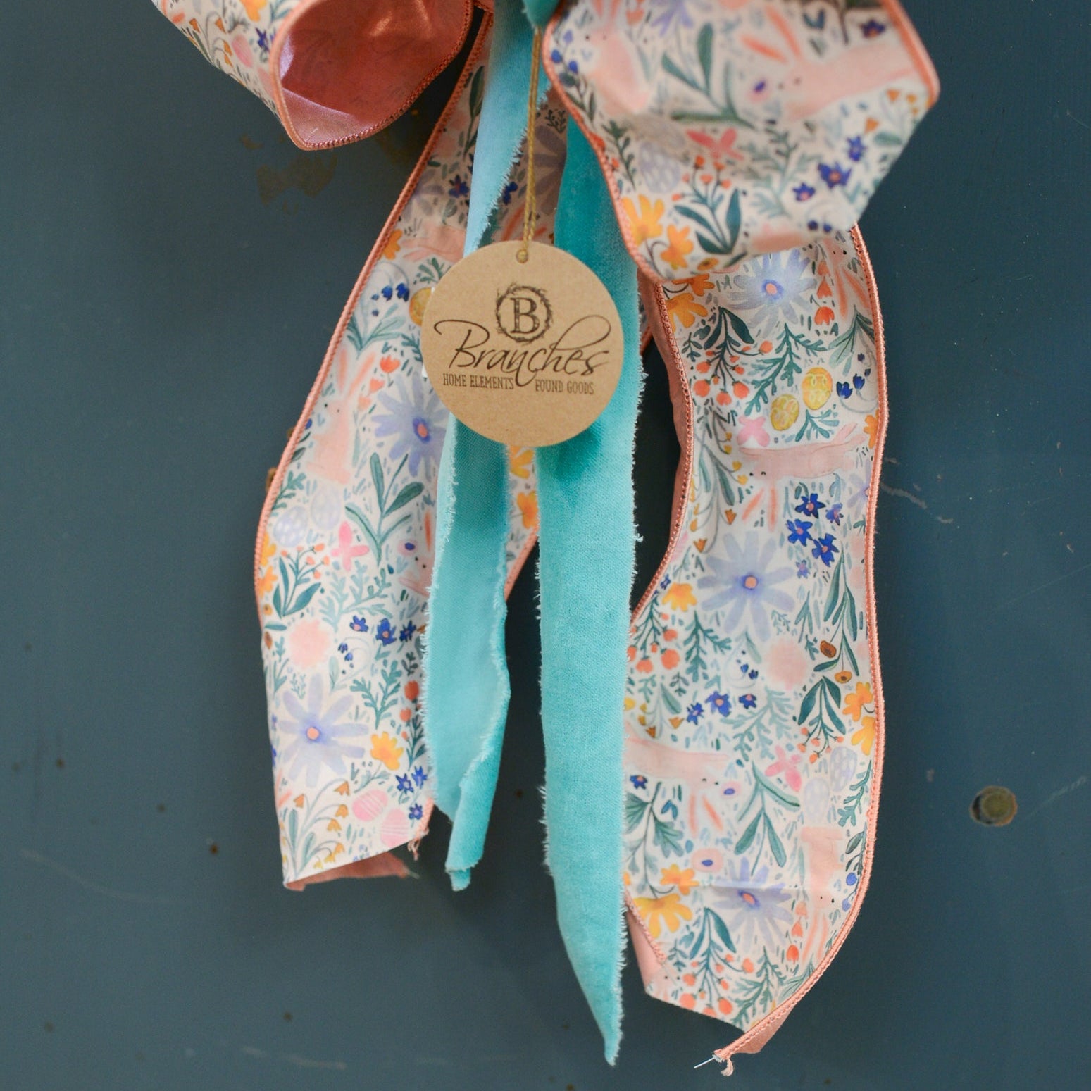 Pink & Teal Velvet Ribbon Spring Bunny Hand-Tied Bow