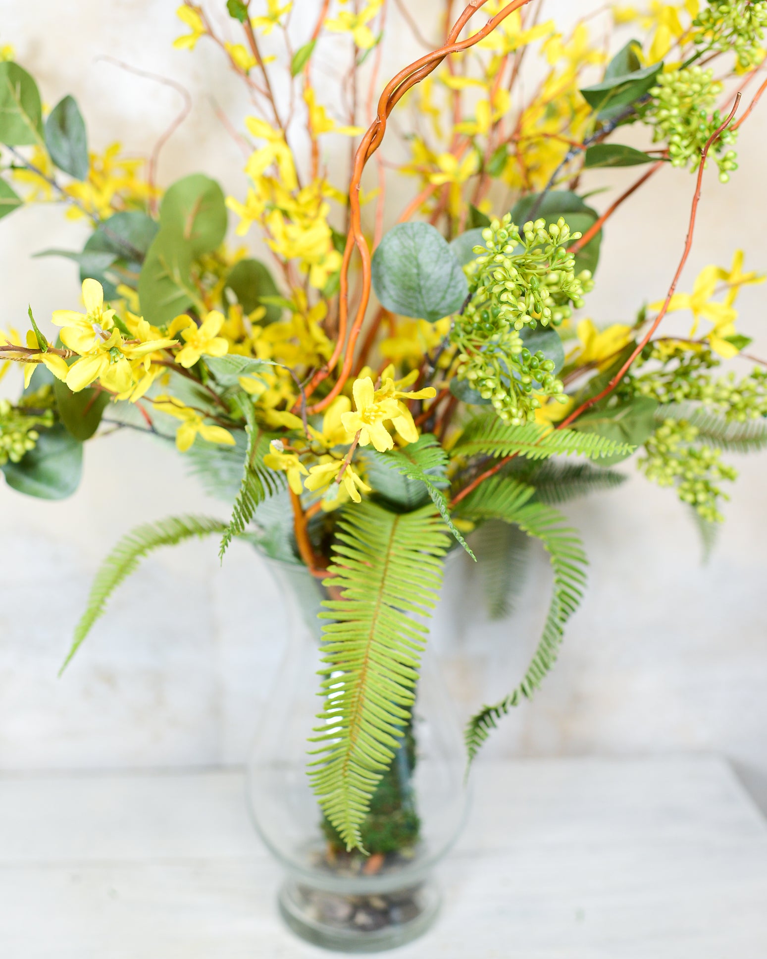 Forsythia and Fern Drop In Bouquet Large