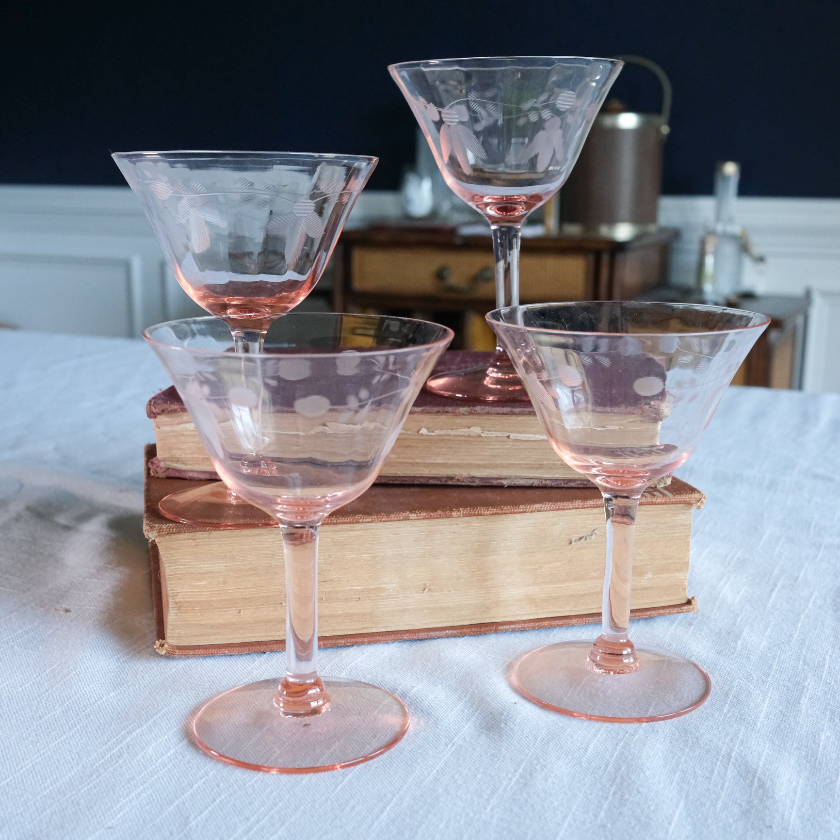 Pink Depression Era Pink Etched Stemware Cocktail Glassware Set of 4
