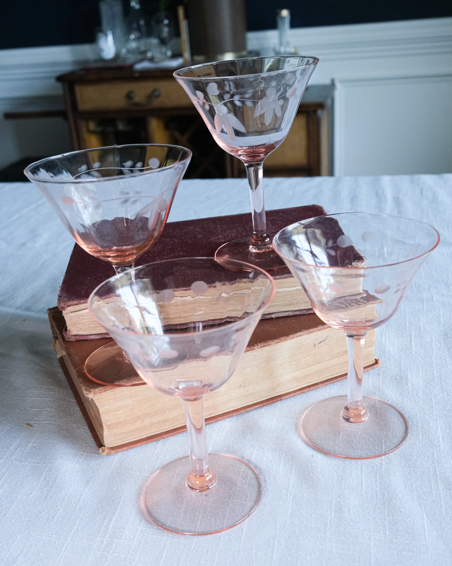 Pink Depression Era Pink Etched Stemware Cocktail Glassware Set of 4
