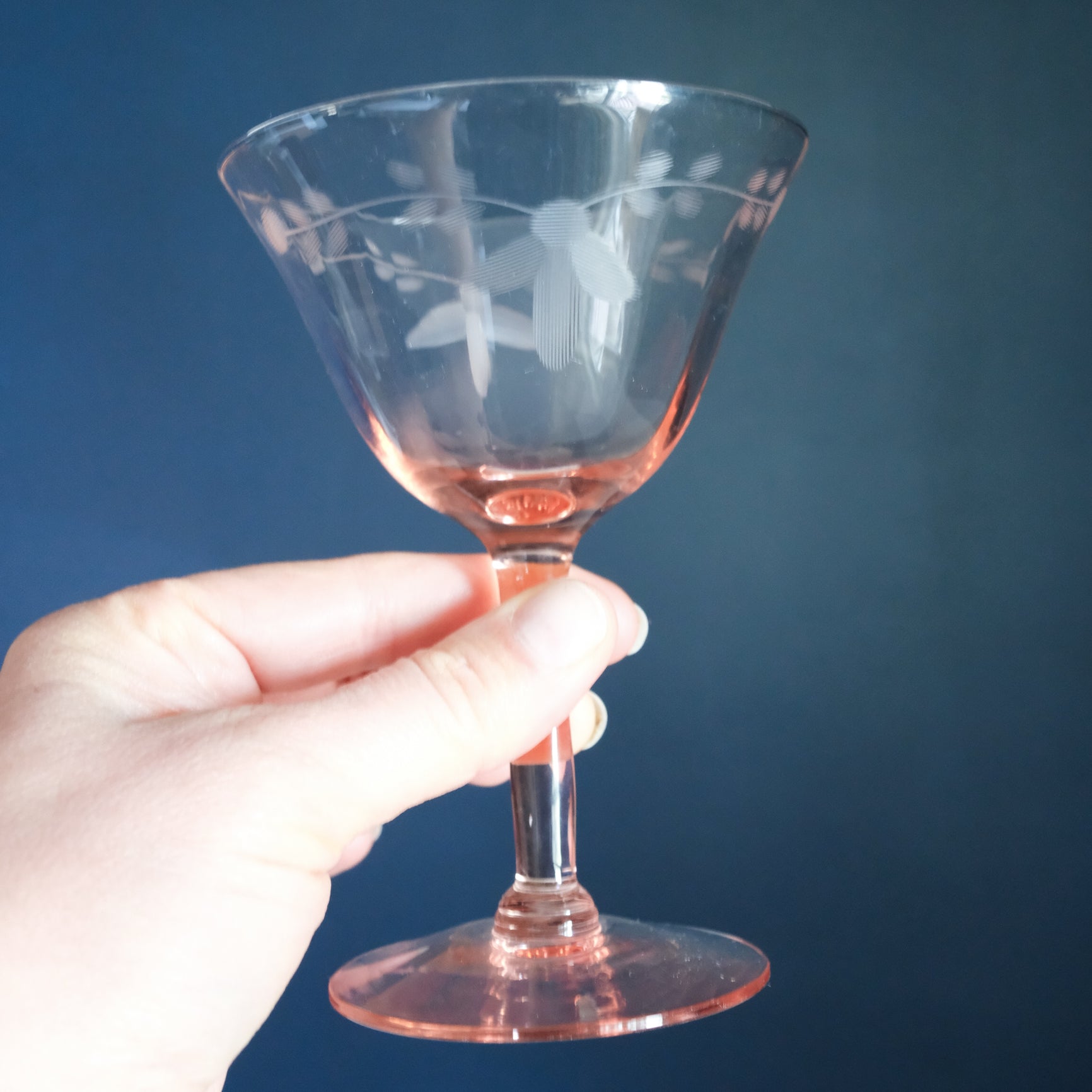 Pink Depression Era Pink Etched Stemware Cocktail Glassware Set of 4