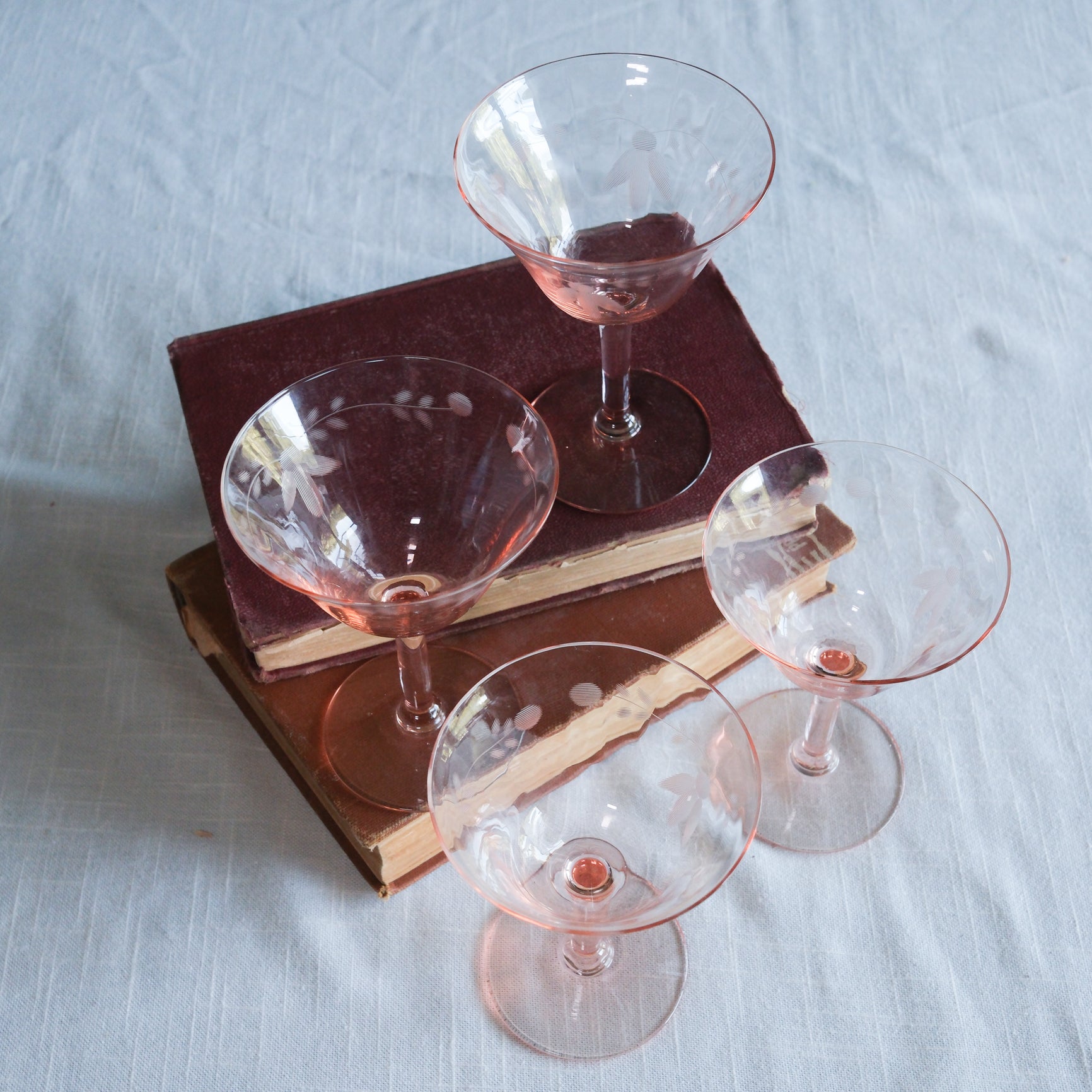 Pink Depression Era Pink Etched Stemware Cocktail Glassware Set of 4