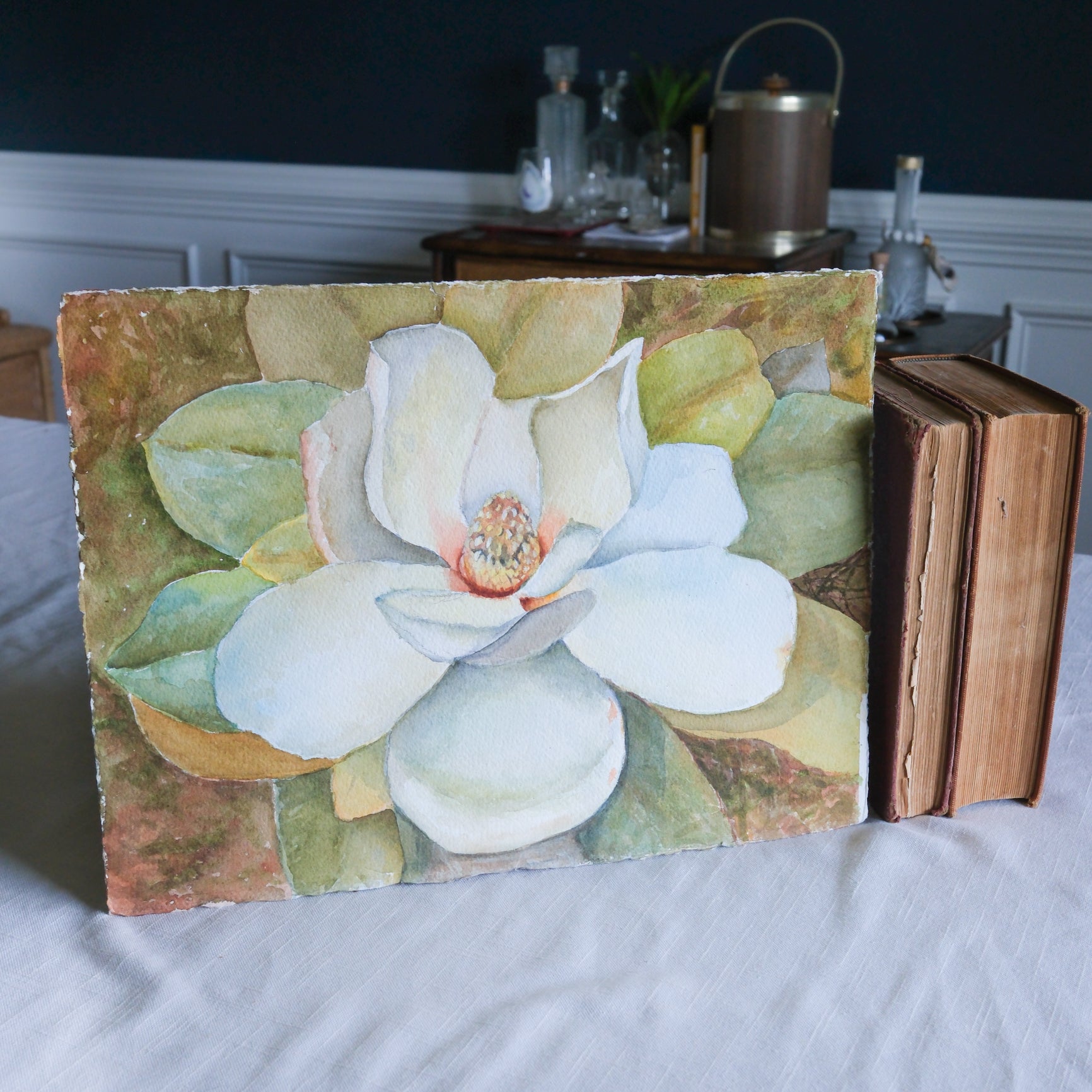 Original Watercolor Magnolia Flower Bloom Unframed Art