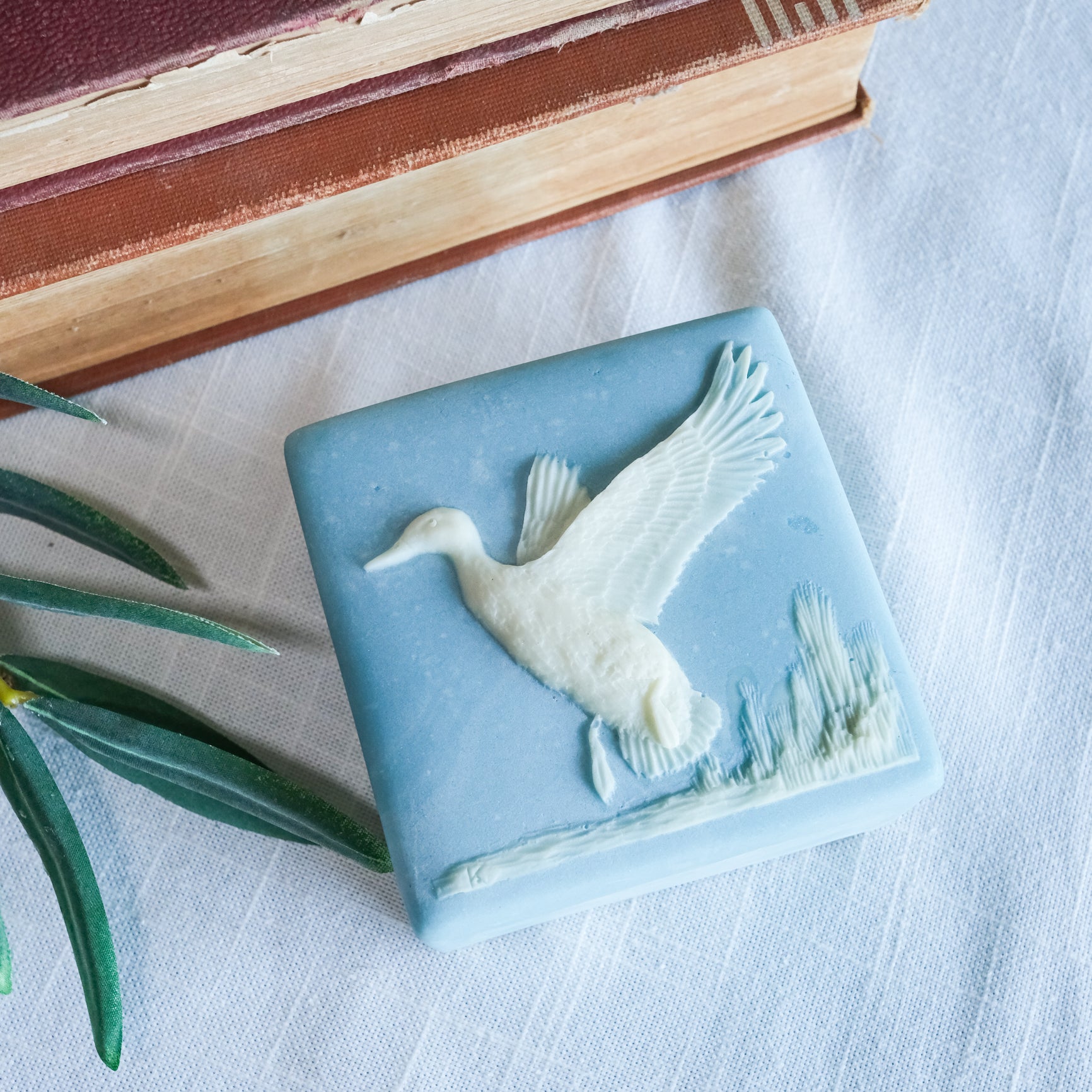 Vintage Incolay Duck in Marsh Square Carved Soapstone Blue and White Trinket Jewelry Box
