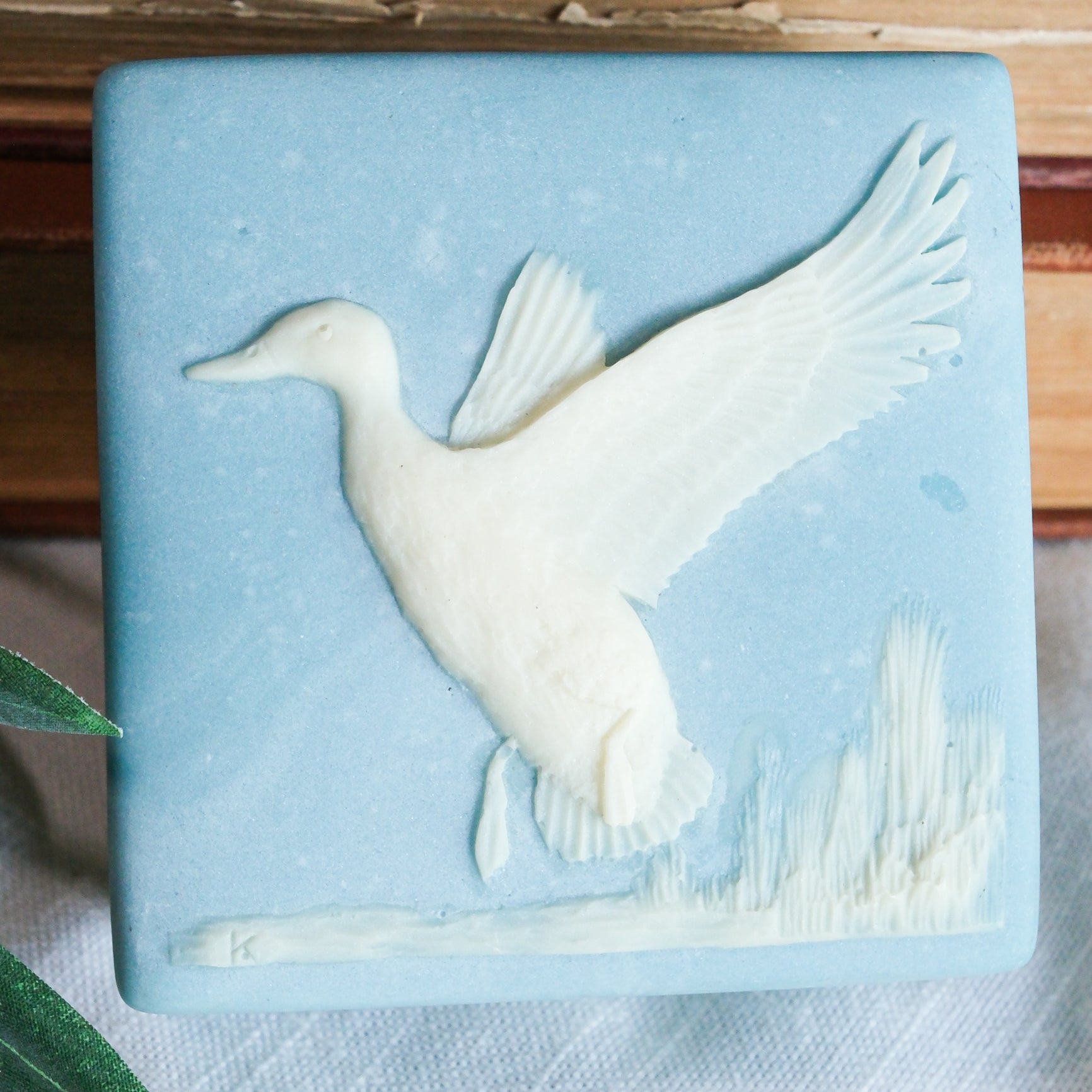 Vintage Incolay Duck in Marsh Square Carved Soapstone Blue and White Trinket Jewelry Box