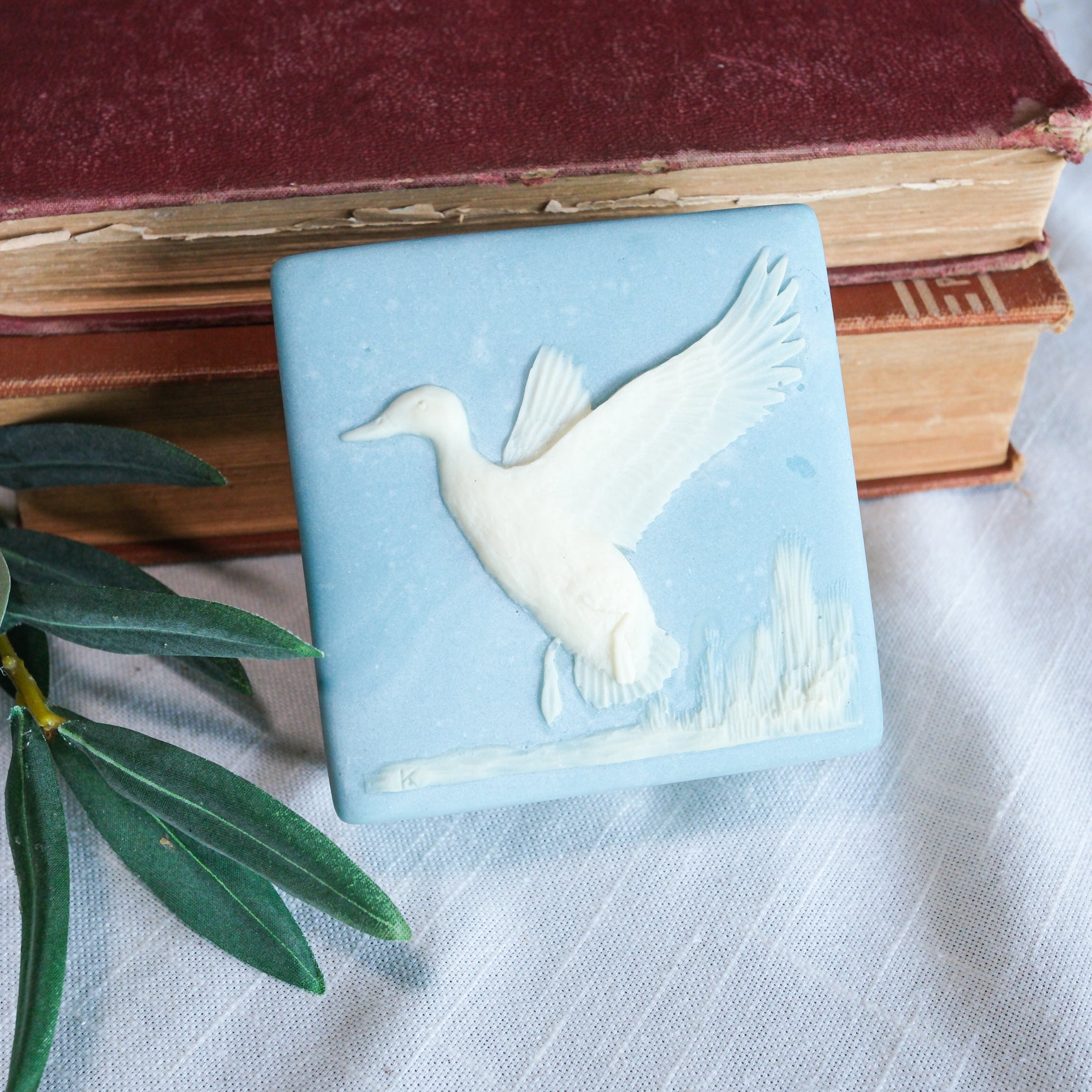 Vintage Incolay Duck in Marsh Square Carved Soapstone Blue and White Trinket Jewelry Box