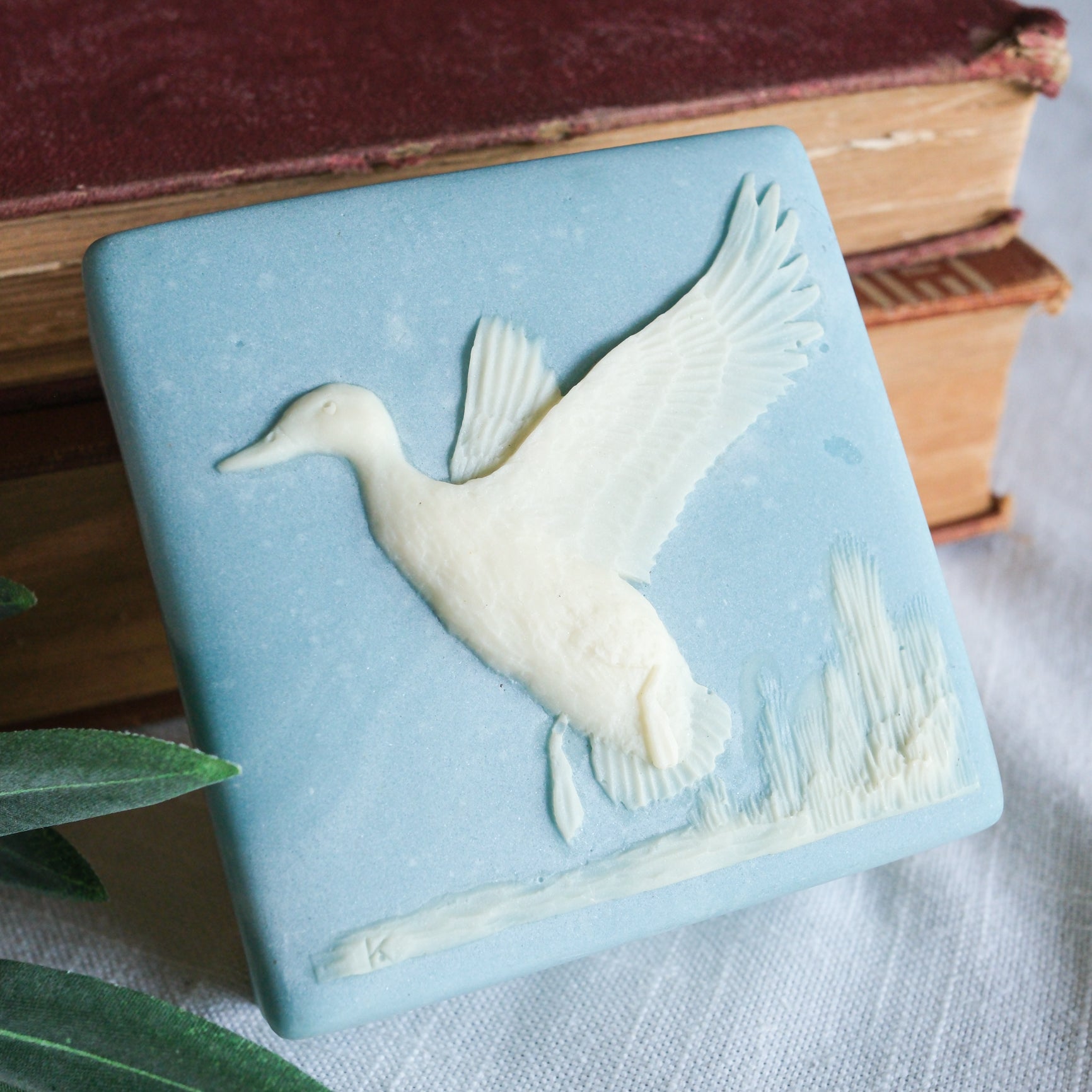Vintage Incolay Duck in Marsh Square Carved Soapstone Blue and White Trinket Jewelry Box