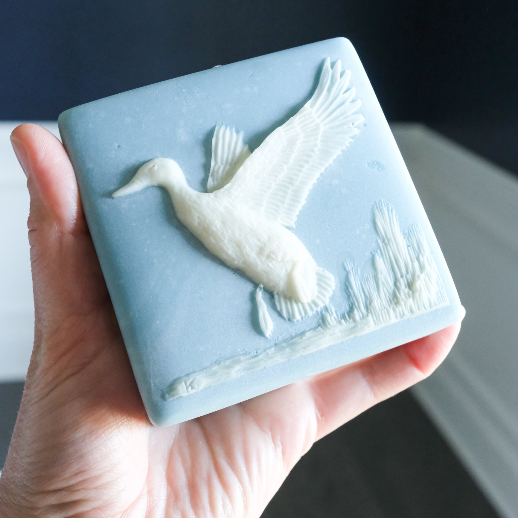 Vintage Incolay Duck in Marsh Square Carved Soapstone Blue and White Trinket Jewelry Box