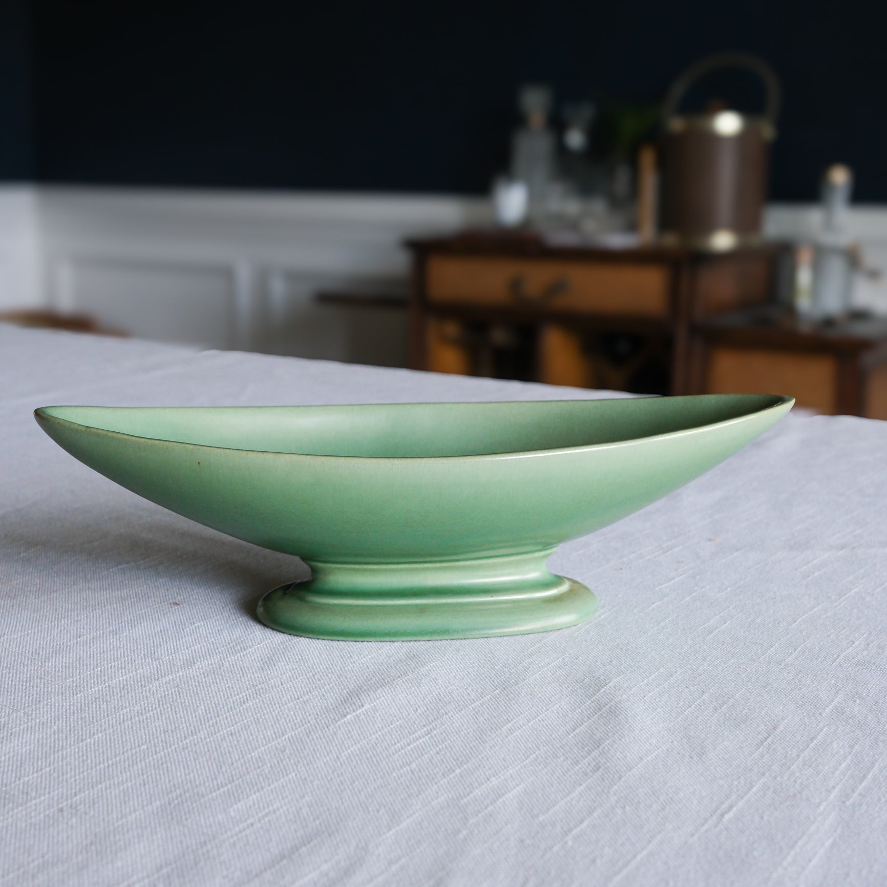Mid Century Modern Red Wing Pottery Jade Green Stoneware Elongated Pedestal Serving Dish