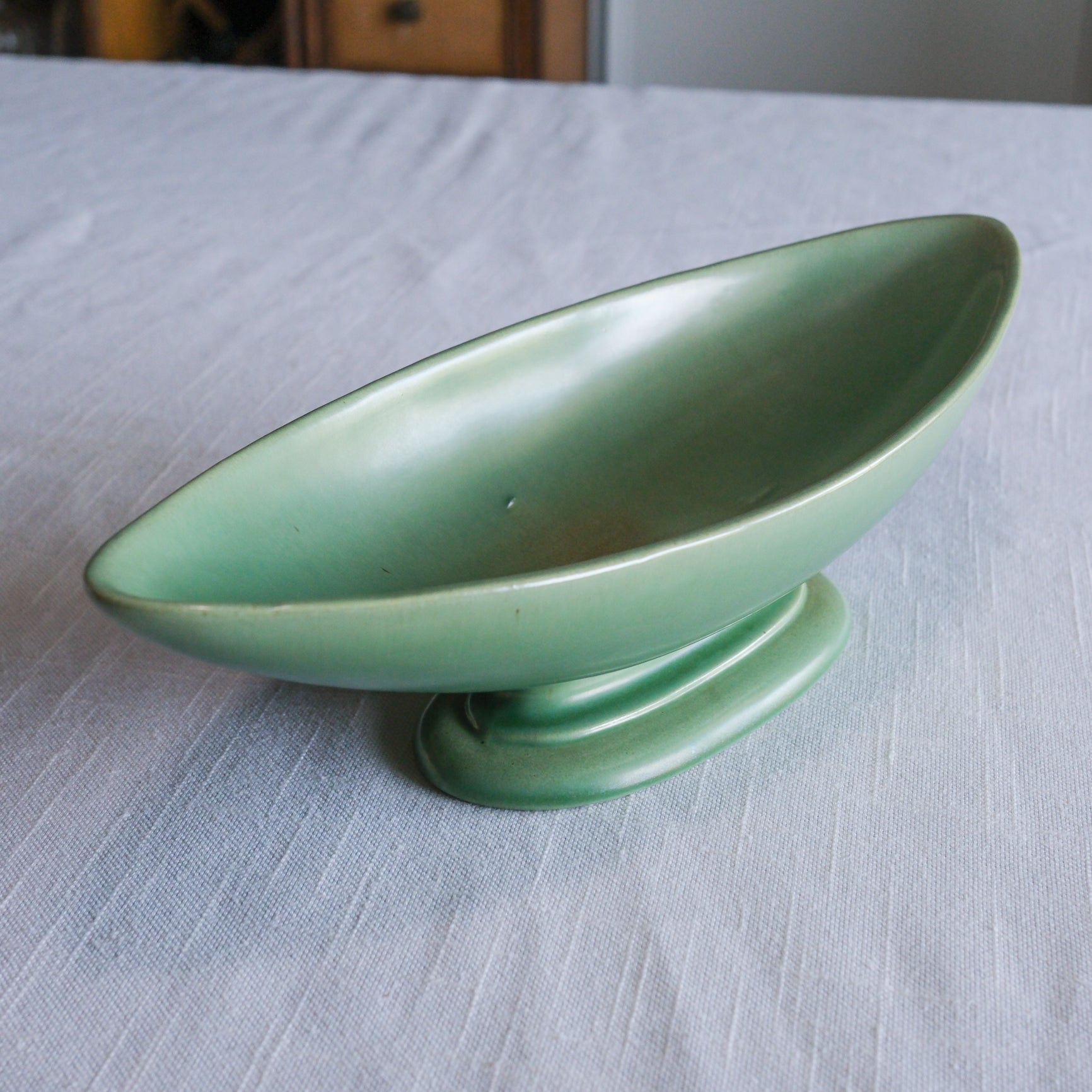 Mid Century Modern Red Wing Pottery Jade Green Stoneware Elongated Pedestal Serving Dish