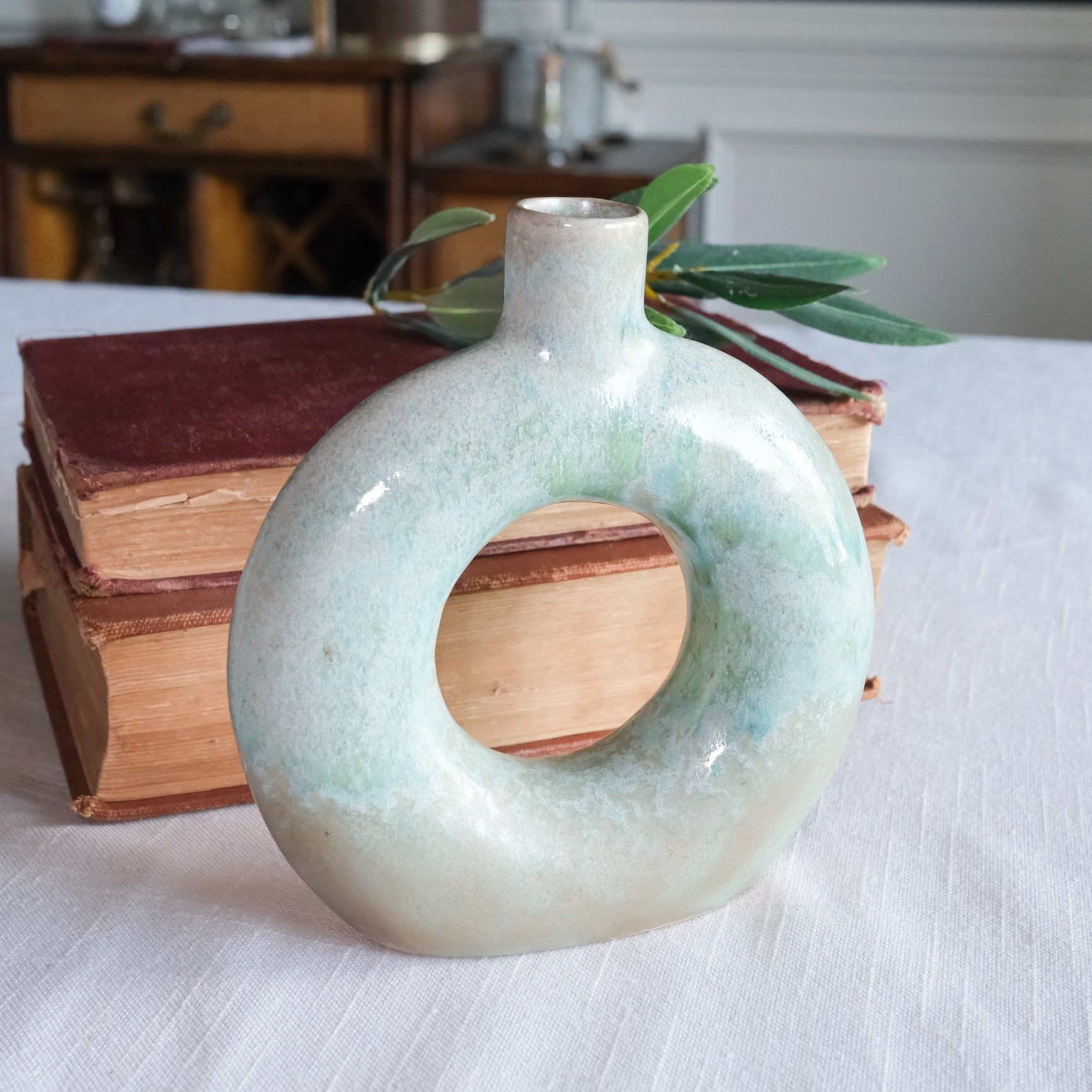 Opal Reactive Glaze Stoneware Round Cutout Case Seaglass Blue Green