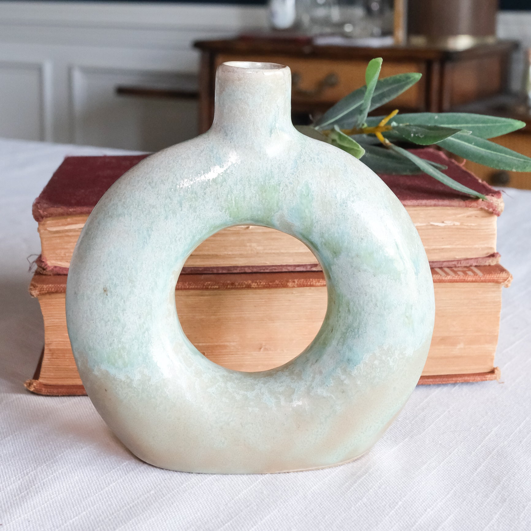 Opal Reactive Glaze Stoneware Round Cutout Case Seaglass Blue Green