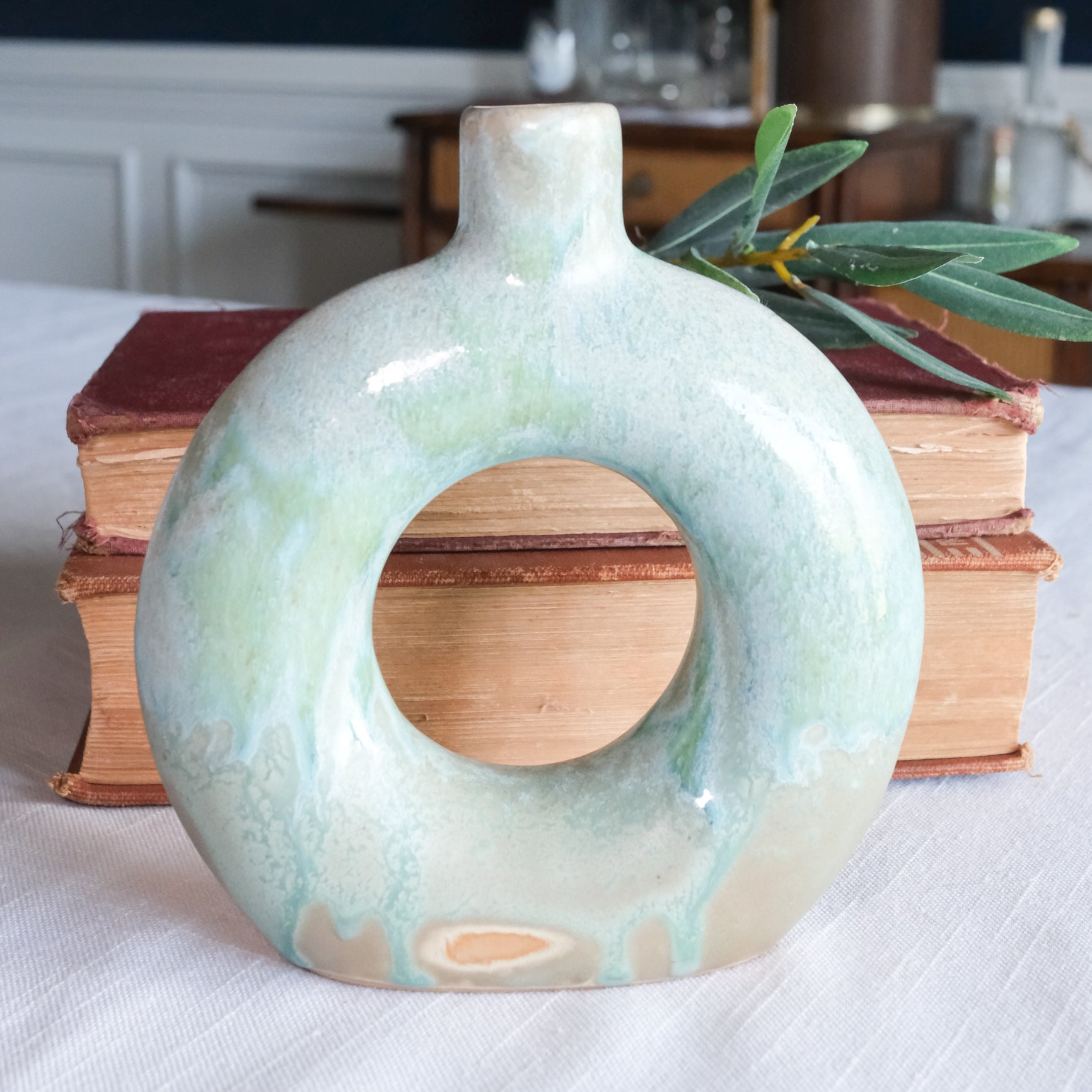 Opal Reactive Glaze Stoneware Round Cutout Case Seaglass Blue Green