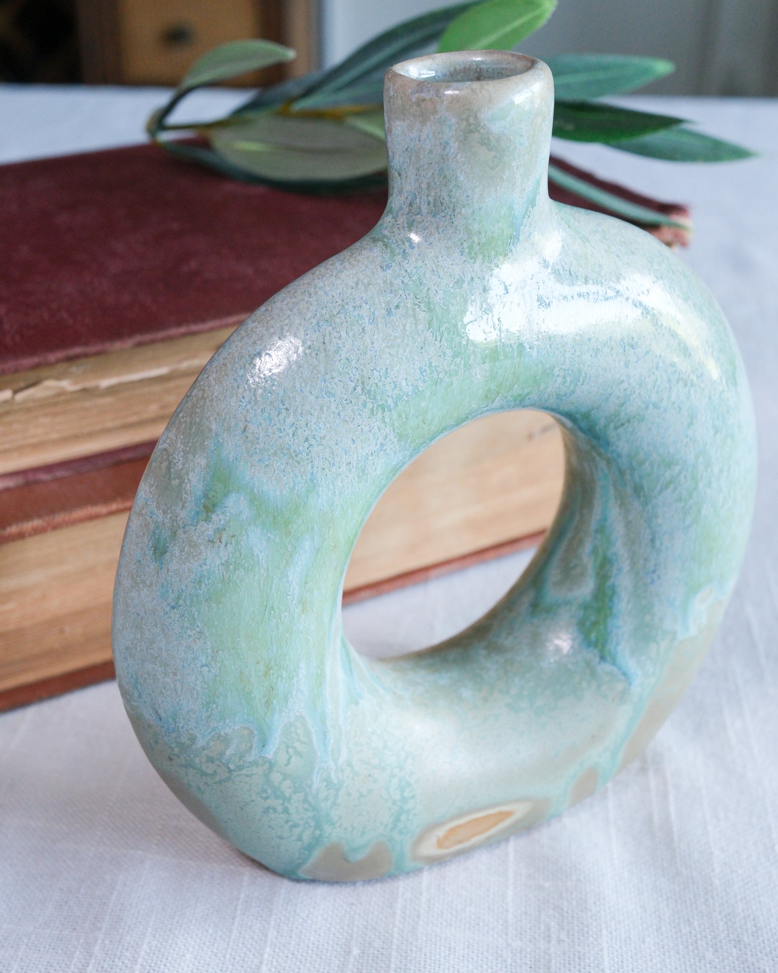 Opal Reactive Glaze Stoneware Round Cutout Case Seaglass Blue Green