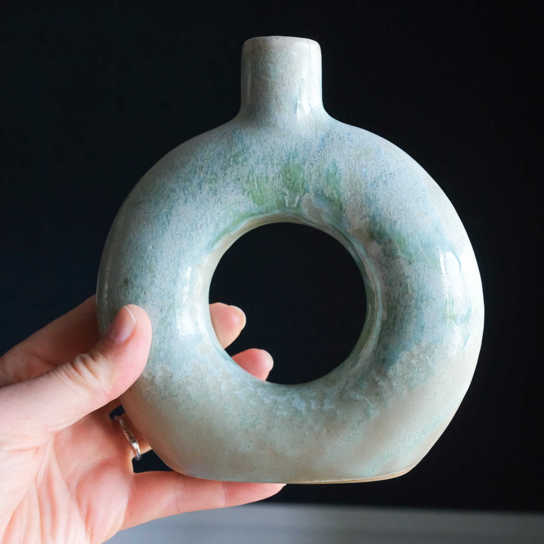 Opal Reactive Glaze Stoneware Round Cutout Case Seaglass Blue Green