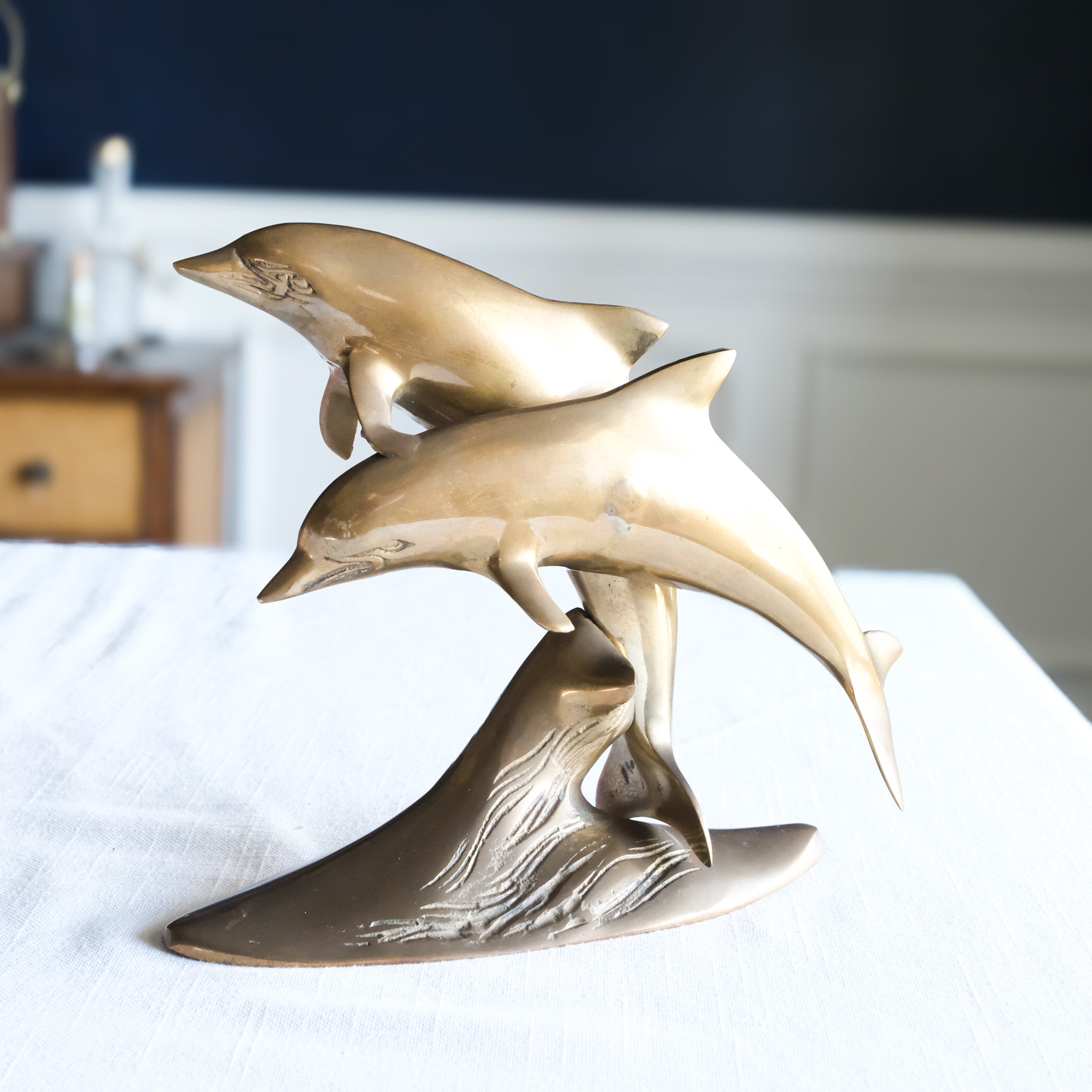 Vintage Mid Century Modern Large Brass Pair of Jumping Dolphins