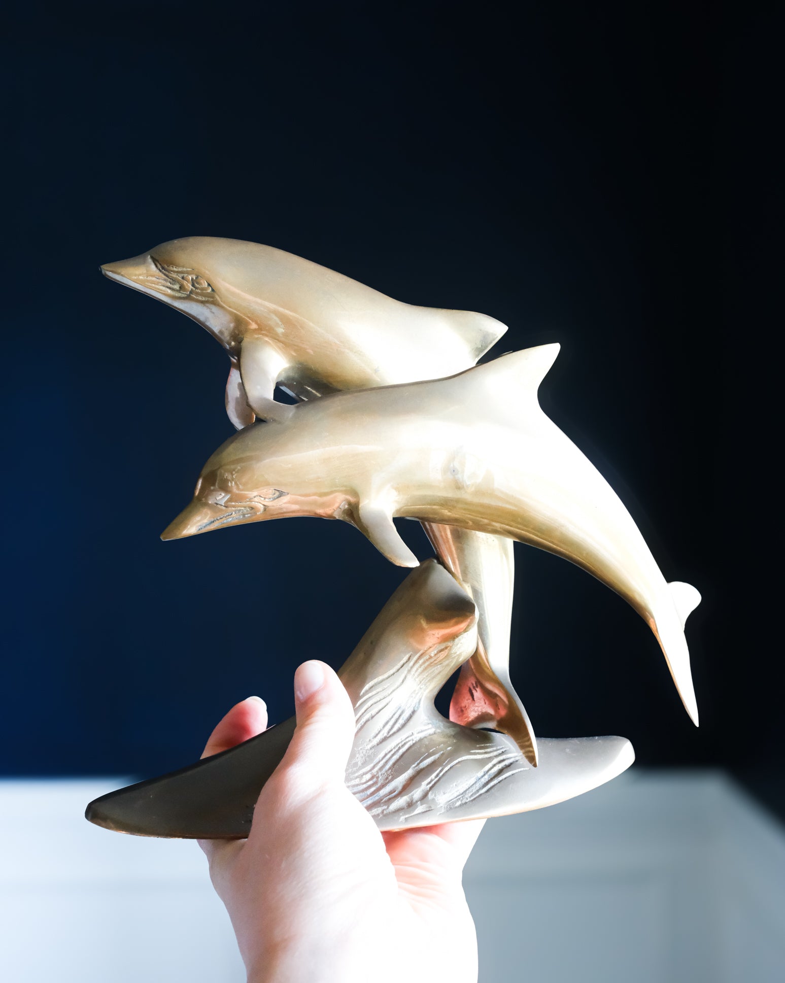 Vintage Mid Century Modern Large Brass Pair of Jumping Dolphins