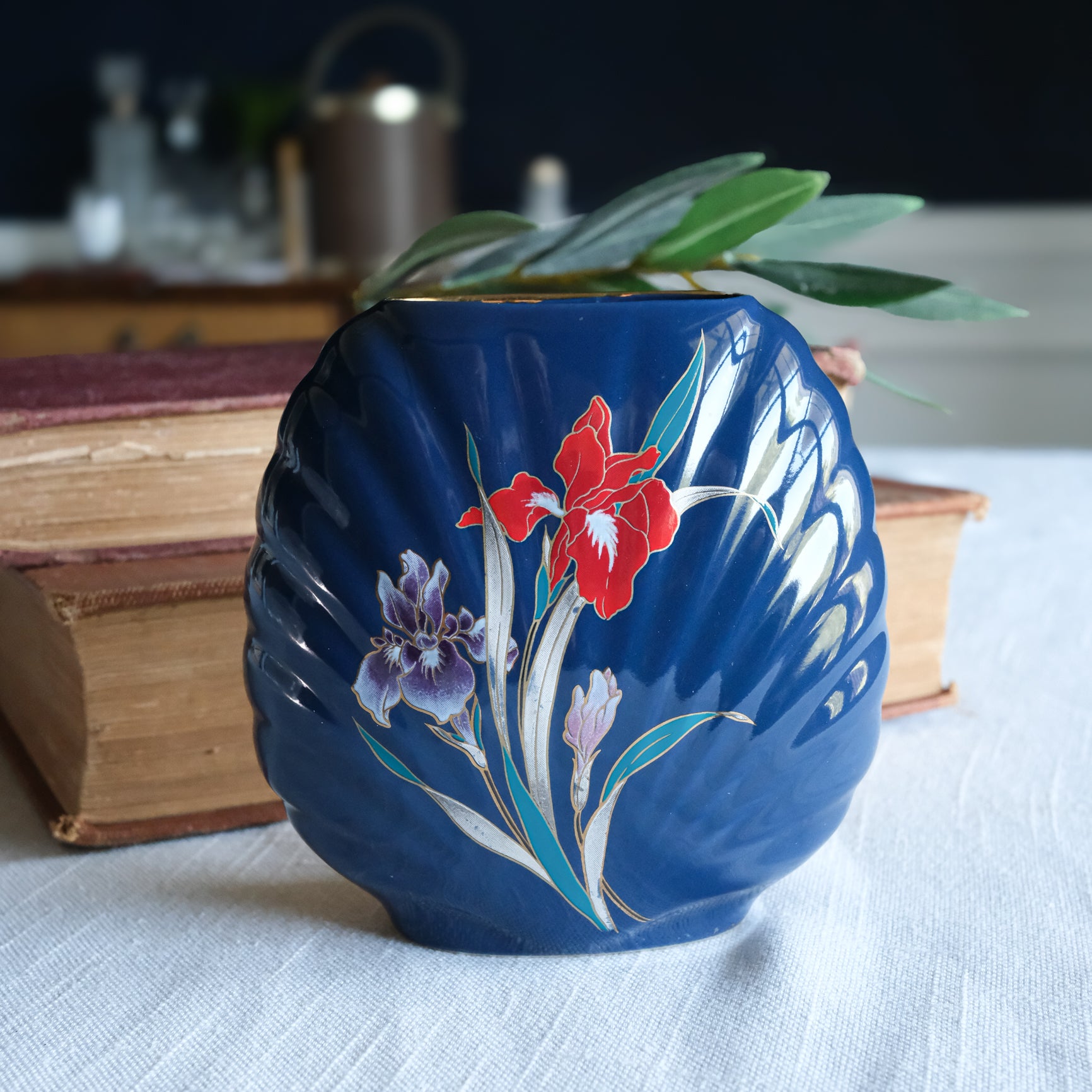 Vintage Colbalt Fine China Japan Scalloped Fan Shape Red Purple Floral Iris Petite Vase