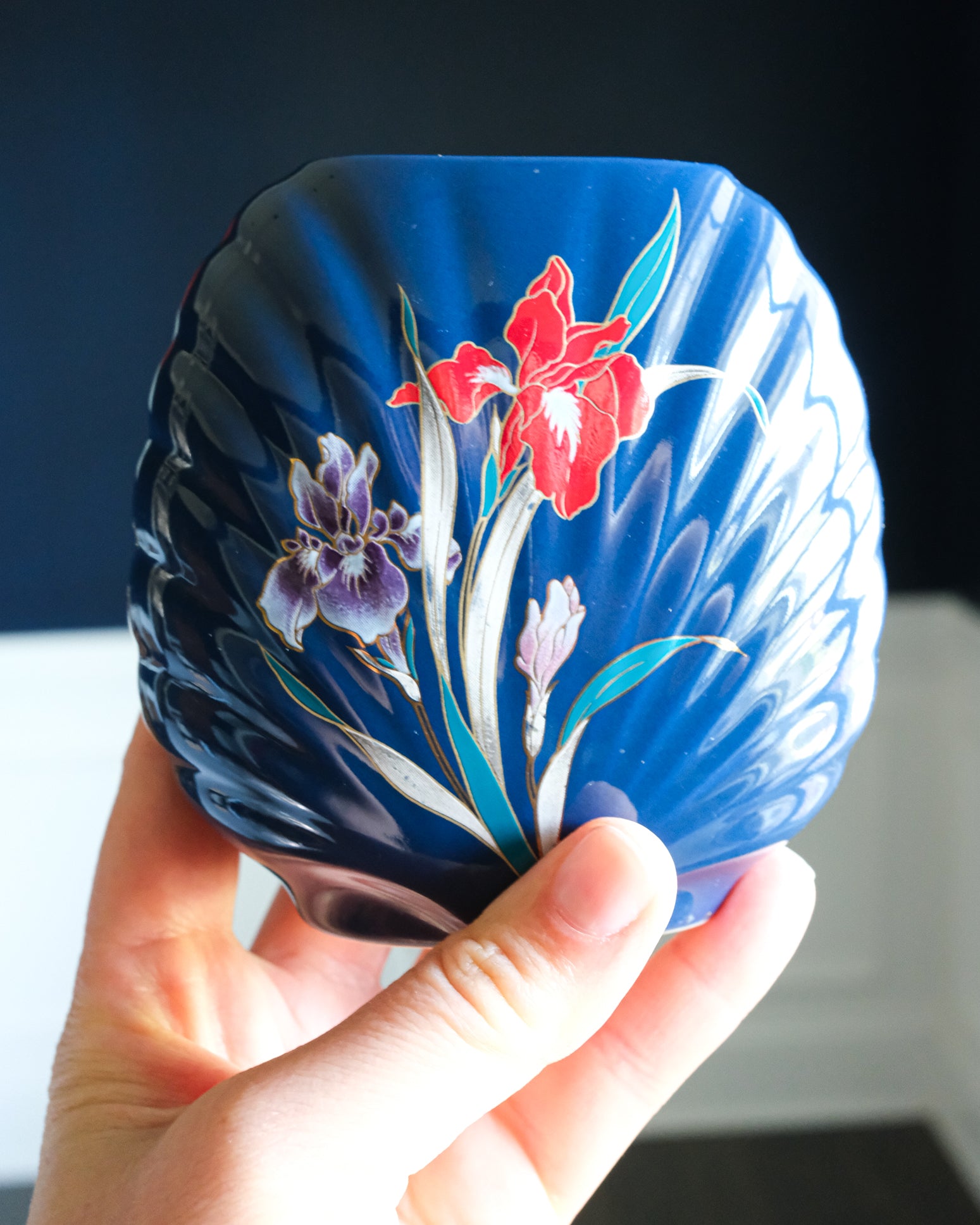 Vintage Colbalt Fine China Japan Scalloped Fan Shape Red Purple Floral Iris Petite Vase
