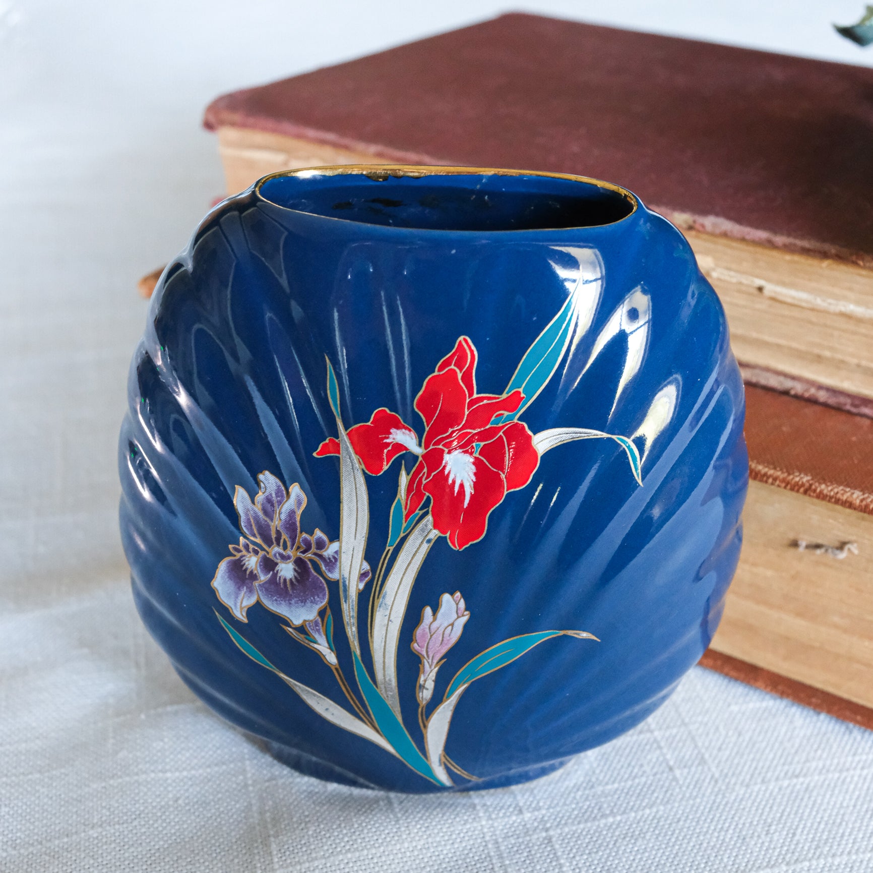 Vintage Colbalt Fine China Japan Scalloped Fan Shape Red Purple Floral Iris Petite Vase